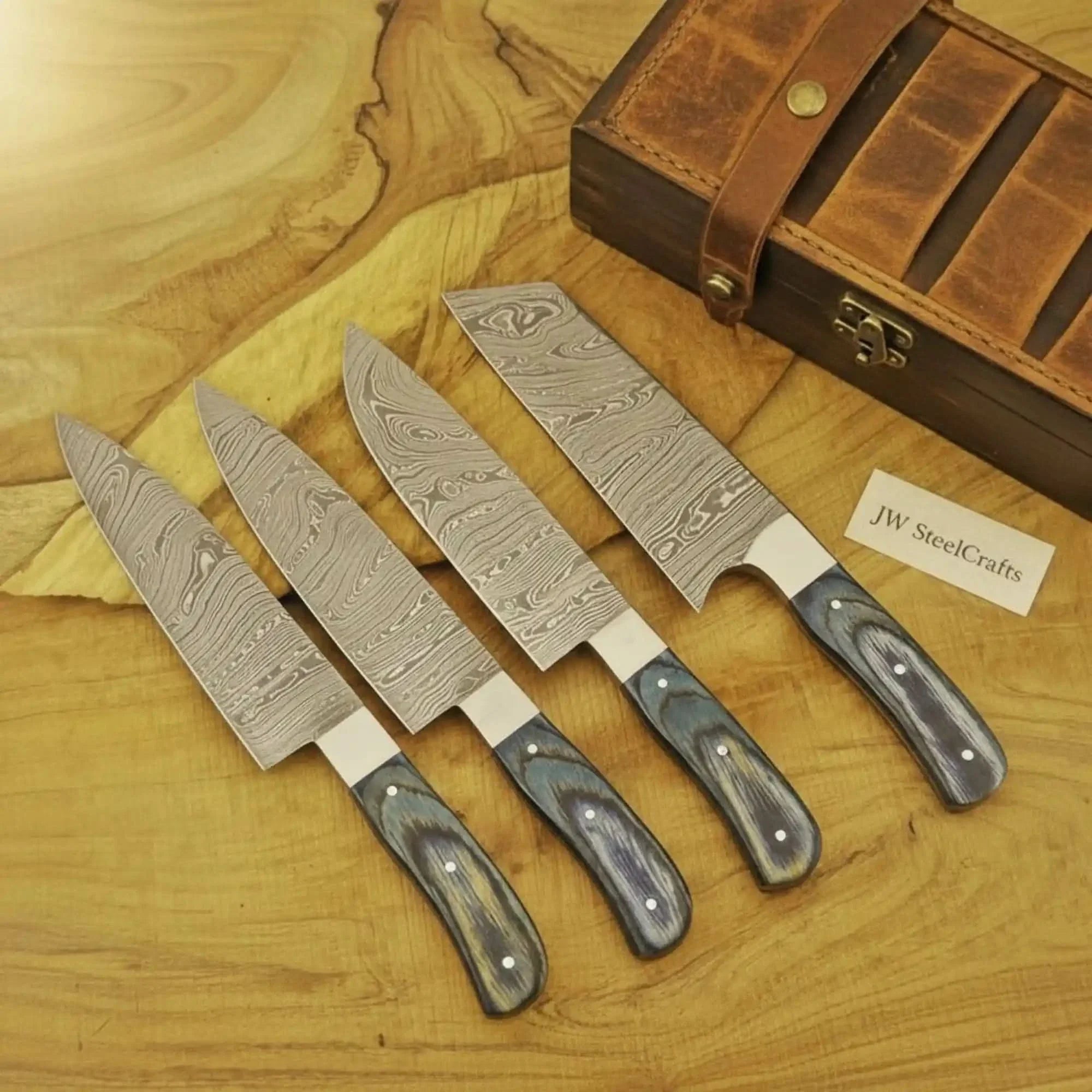 5-Piece Damascus Japanese-Style Knife Set — Chef, Santoku, Utility, Nakiri, Paring Blades by JW SteelCrafts, Damascus knife detail photo 2