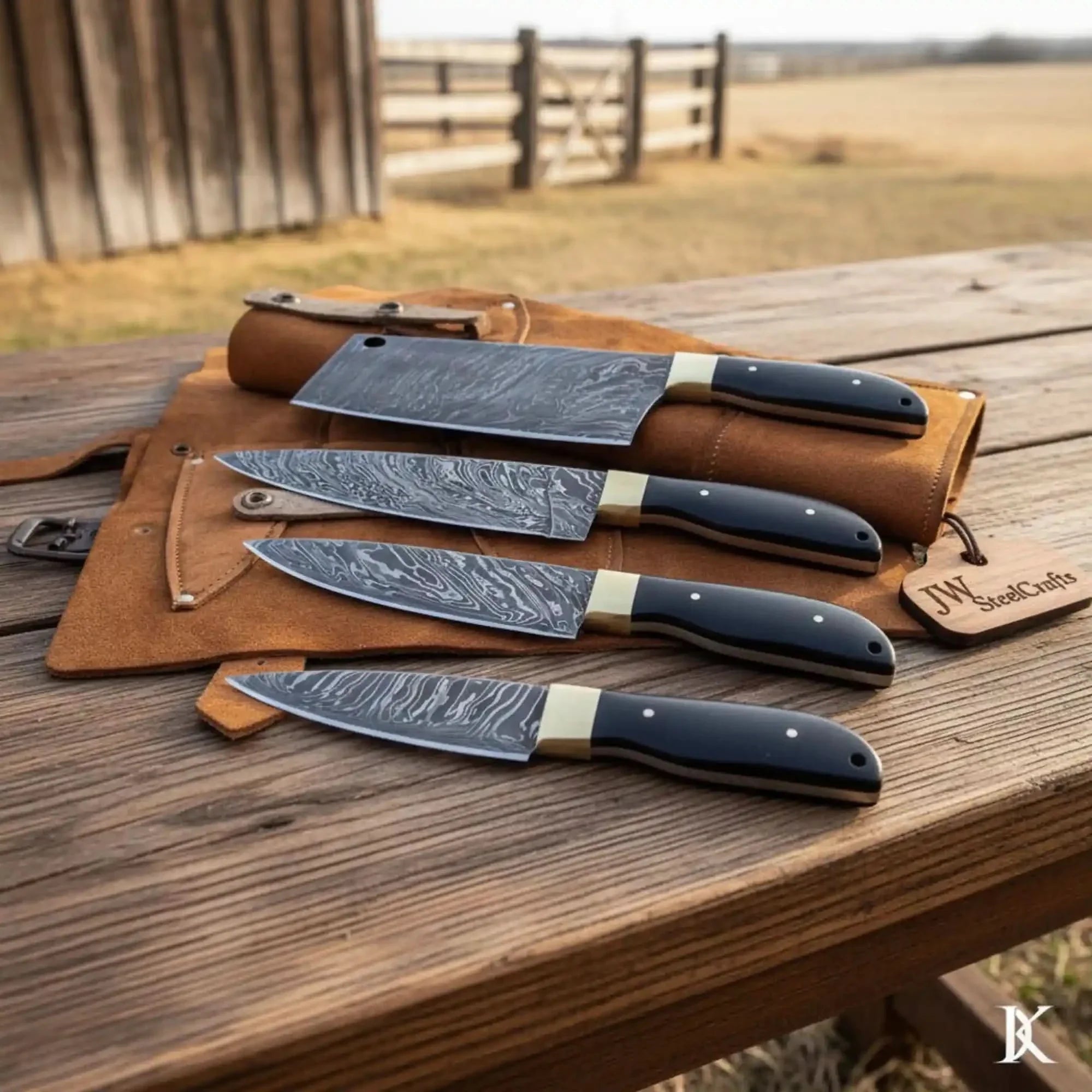 4-Piece Damascus Kitchen Knife Set — Bread, Chef, Utility & Paring with Black Resin Handles, Brass Bolsters & Leather Roll by JW SteelCrafts, Damascus knife detail photo 2
