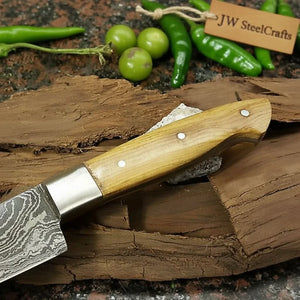 Custom Handmade Damascus Santoku Knife, Olive Wood Handle Japanese Chef Knife by JW SteelCrafts, Damascus knife detail photo 3