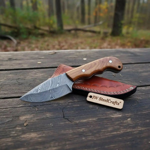 Damascus Drop Point Skinner Knife 3 Inch Blade Rosewood Handle Fixed Blade With Leather Sheath
