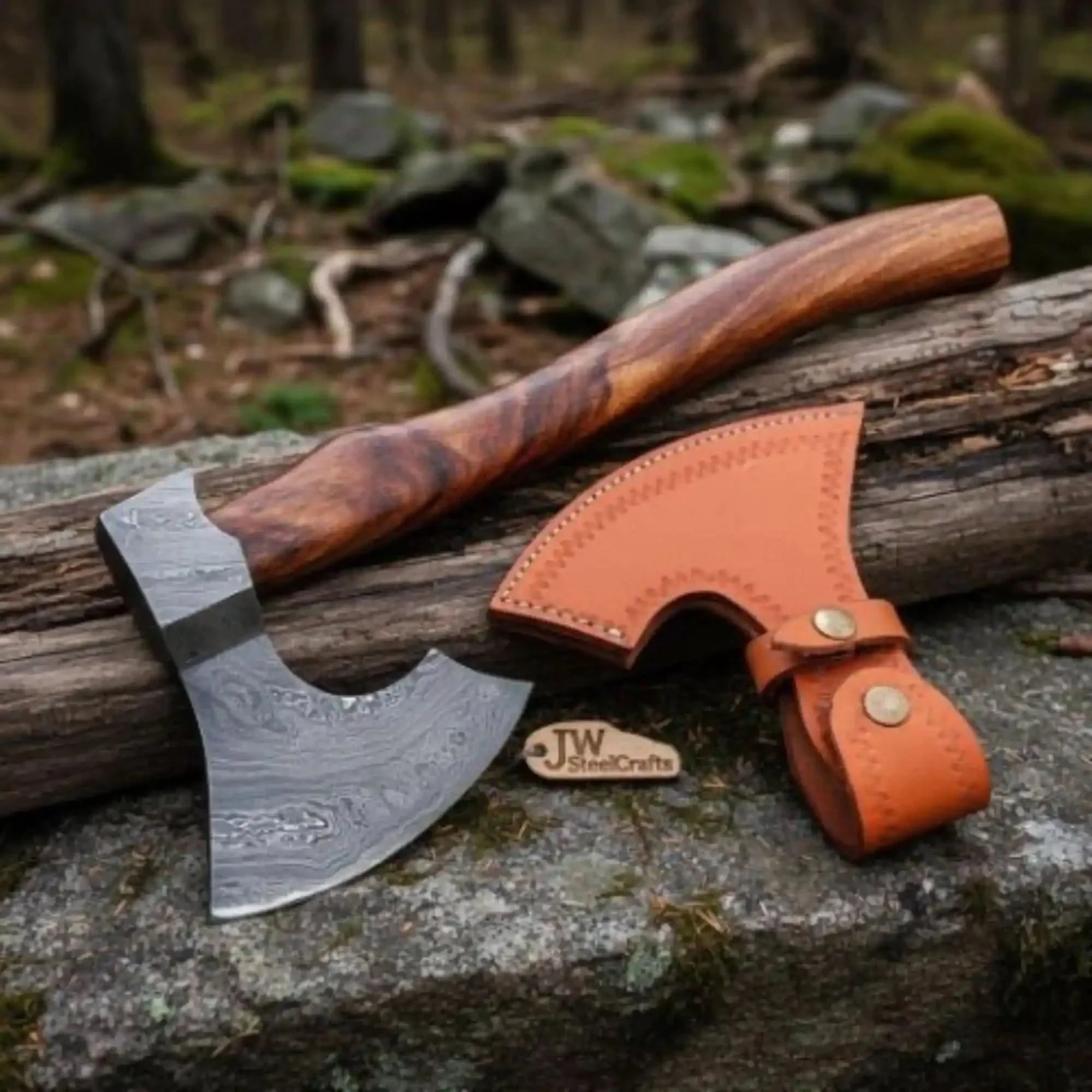 Traditional Norse Bearded War Axe (Skeggøx) featuring Damascus Steel Head, Solid Wood Handle, Sheath Included by JW SteelCrafts, leather knife sheath main product photo