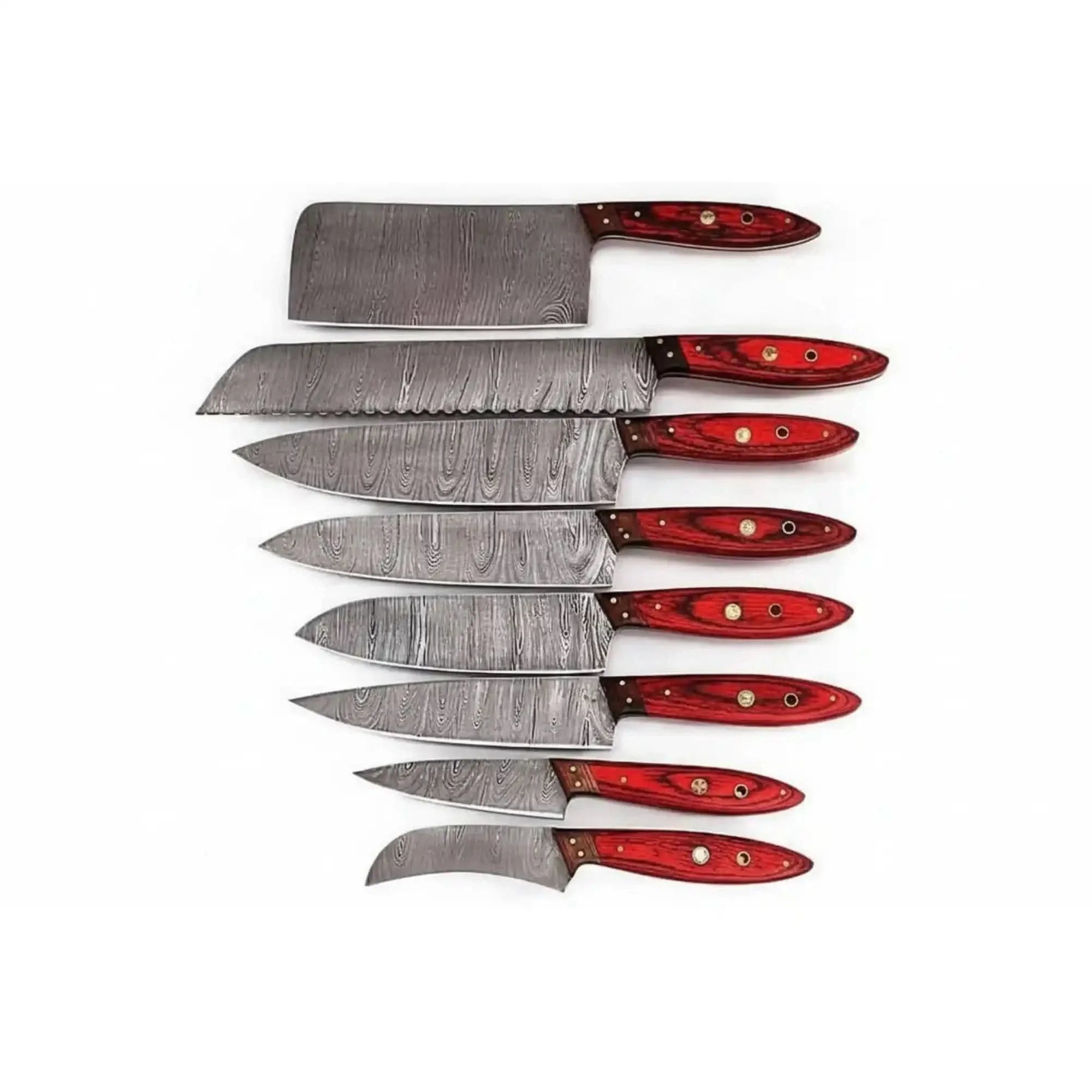 JW SteelCrafts Handmade Damascus Kitchen Knife Set of 8, Cleaver, Santoku, Gyuto Chef, Utility, Boning and Skinning Knives, Red Pakka Wood Handle, Ful by JW SteelCrafts, Damascus