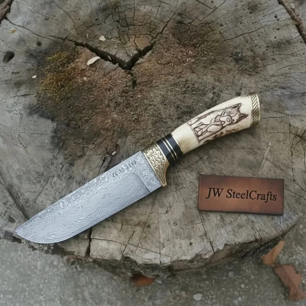 Damascus Steel Dog Engraved Bone Handle Hunting Skinner Knife – 10 Inch Overall l by JW SteelCrafts, Damascus knife detail photo 2