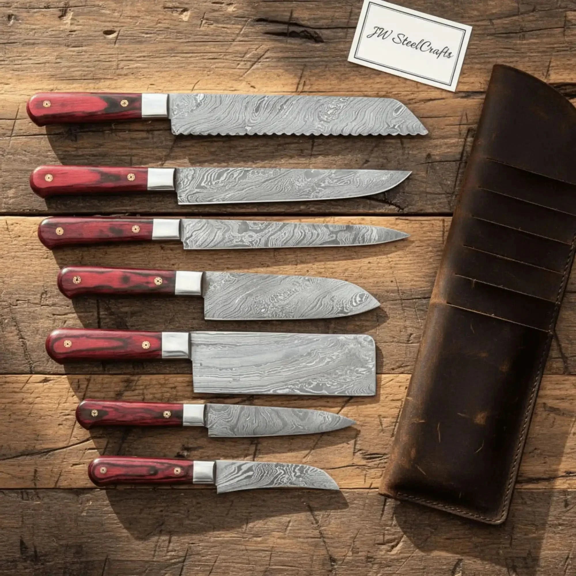Handmade Damascus Kitchen Knife Set with Red Pakka Wood Handles | Complete 7-Piece Collection by JW SteelCrafts, Damascus knife detail photo 2