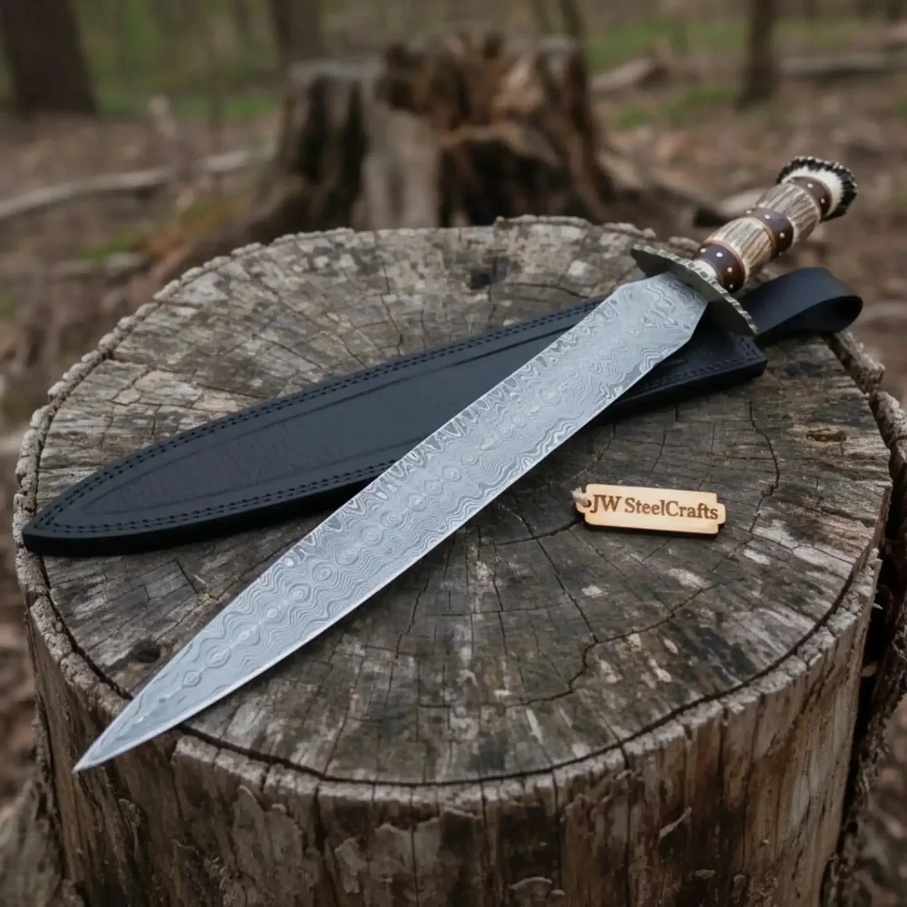 Damascus Steel Roman Gladius Short Sword with Stag Horn Handle by JW SteelCrafts