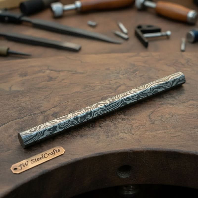 Damascus Steel Rod for Ring Making 10 Inch Round Damascus Bar Handmade Pattern Steel by JW SteelCrafts, handmade jewelry detail photo 2