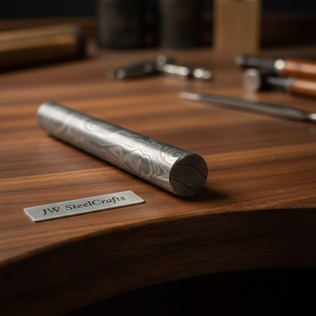 Damascus Steel Round Bar Rod for Rings Pens Buckles Jewelry Making by JW SteelCrafts, handmade jewelry main product photo