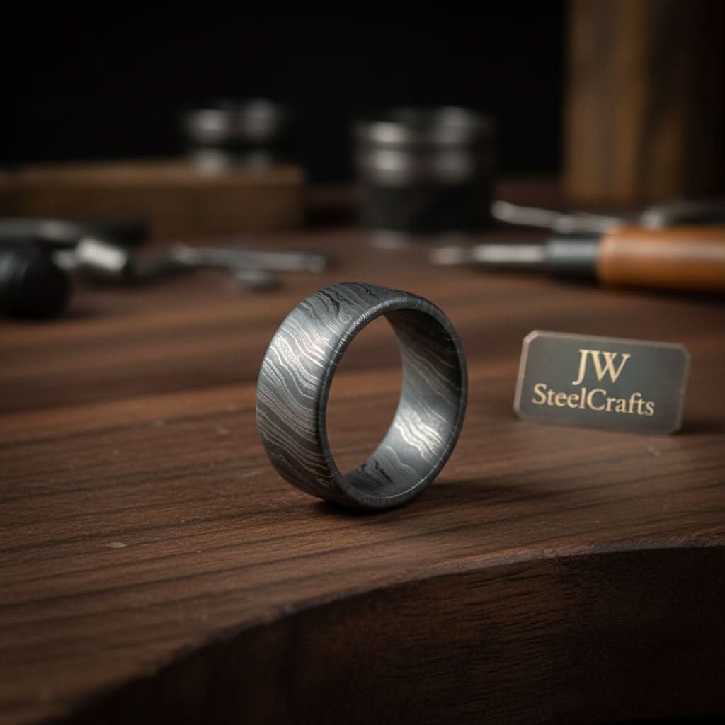 Mens Damascus Steel Wedding Band Smooth Domed Handmade Ring by JW SteelCrafts, handmade jewelry main product photo