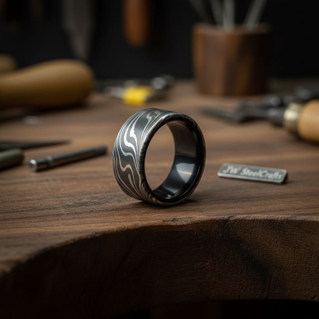 Mens Damascus Steel Wedding Band Smooth Domed Handmade Ring by JW SteelCrafts, handmade jewelry detail photo 2