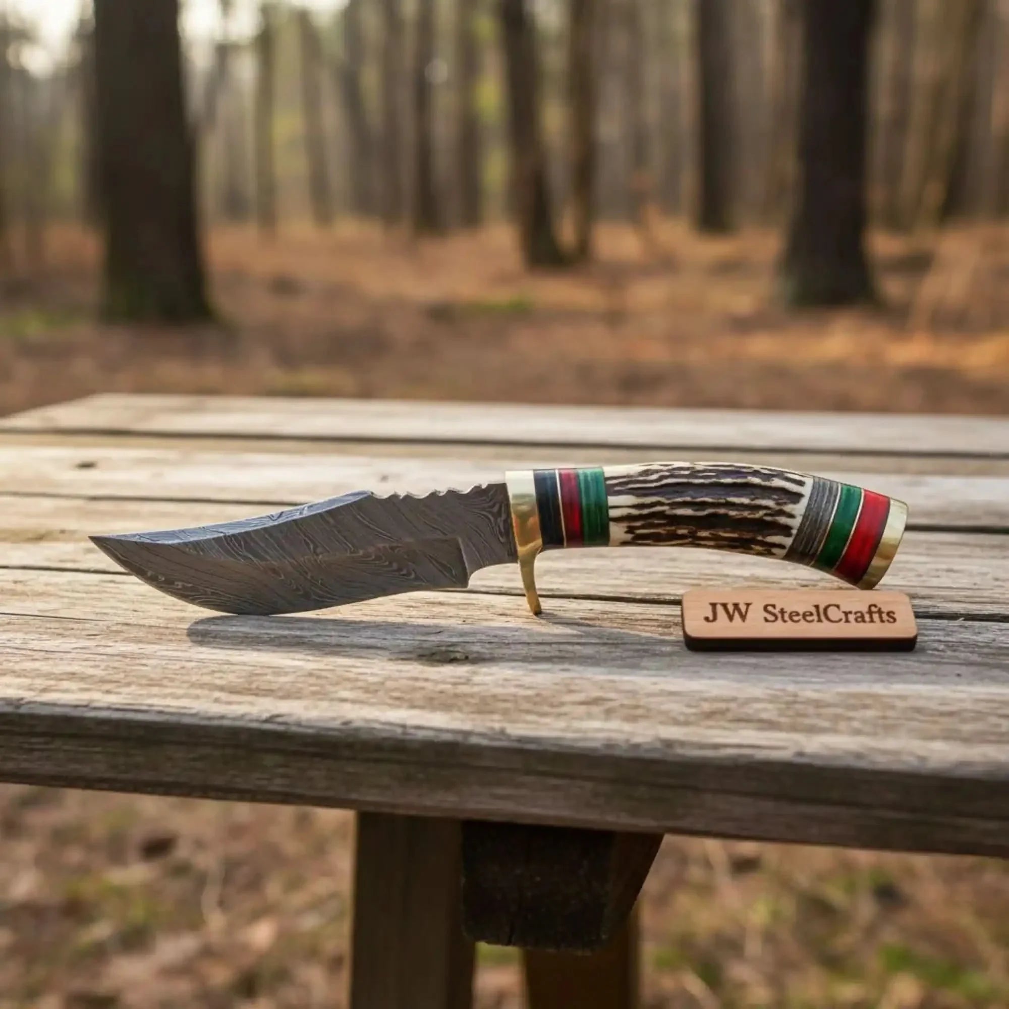 Damascus Steel Skinner Knife Deer Antler Handle Brass Guard Handmade Fixed Blade Hunting Knife by JW SteelCrafts, Damascus knife main product photo