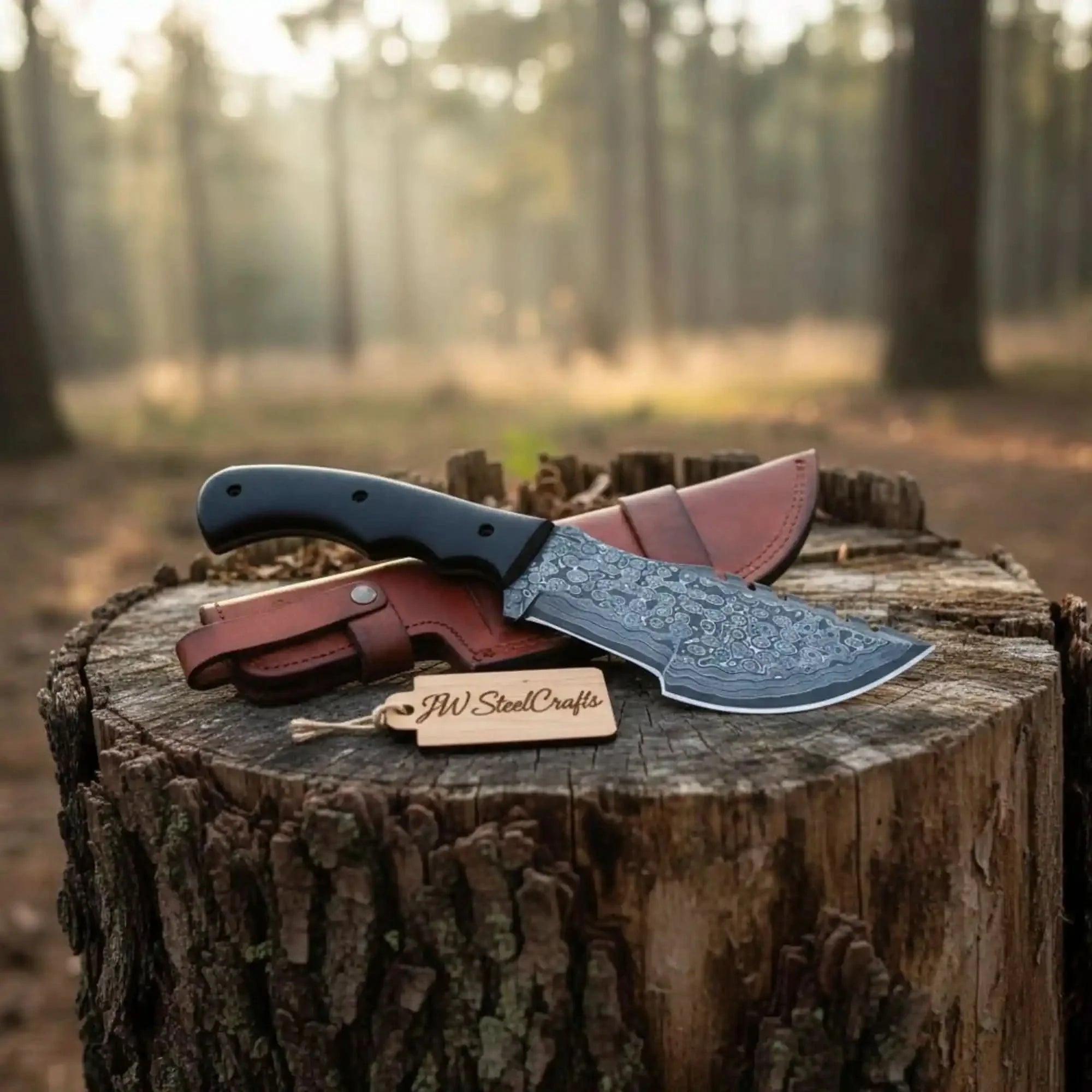 Damascus Steel Tracker Knife with Black Handle – 10 Inch Overall by JW SteelCrafts, Damascus knife main product photo