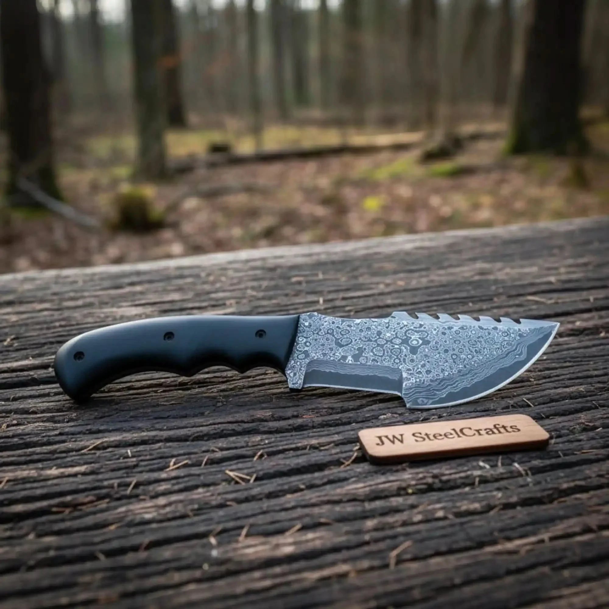 Damascus Steel Tracker Knife with Black Handle – 10 Inch Overall by JW SteelCrafts, Damascus knife detail photo 2