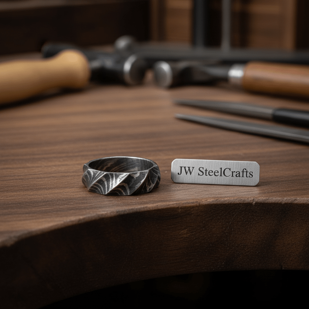 Mens Damascus Steel Twisted Faceted Wedding Band Handmade Ring by JW SteelCrafts, handmade jewelry detail photo 2