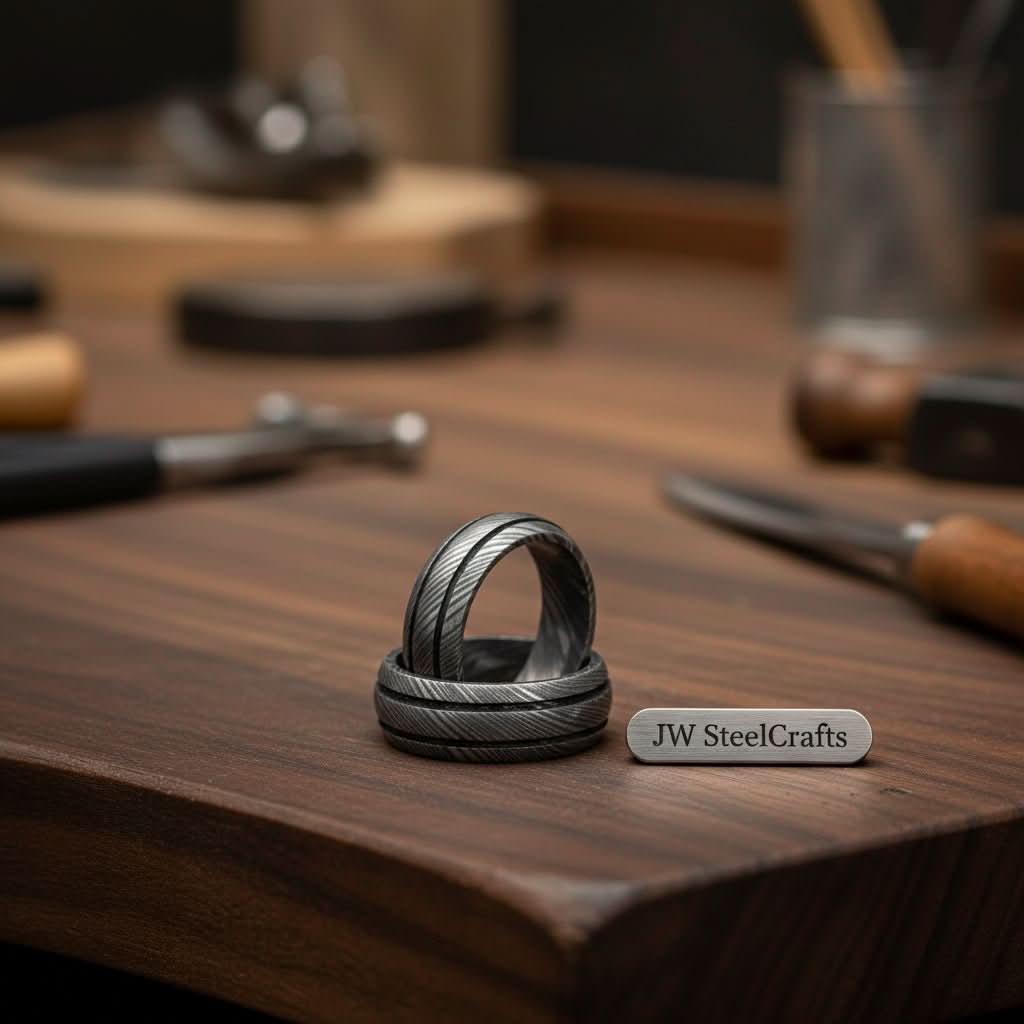Damascus Steel Wedding Band Set for Couples Twisted Damascus Rings by JW SteelCrafts, handmade jewelry main product photo