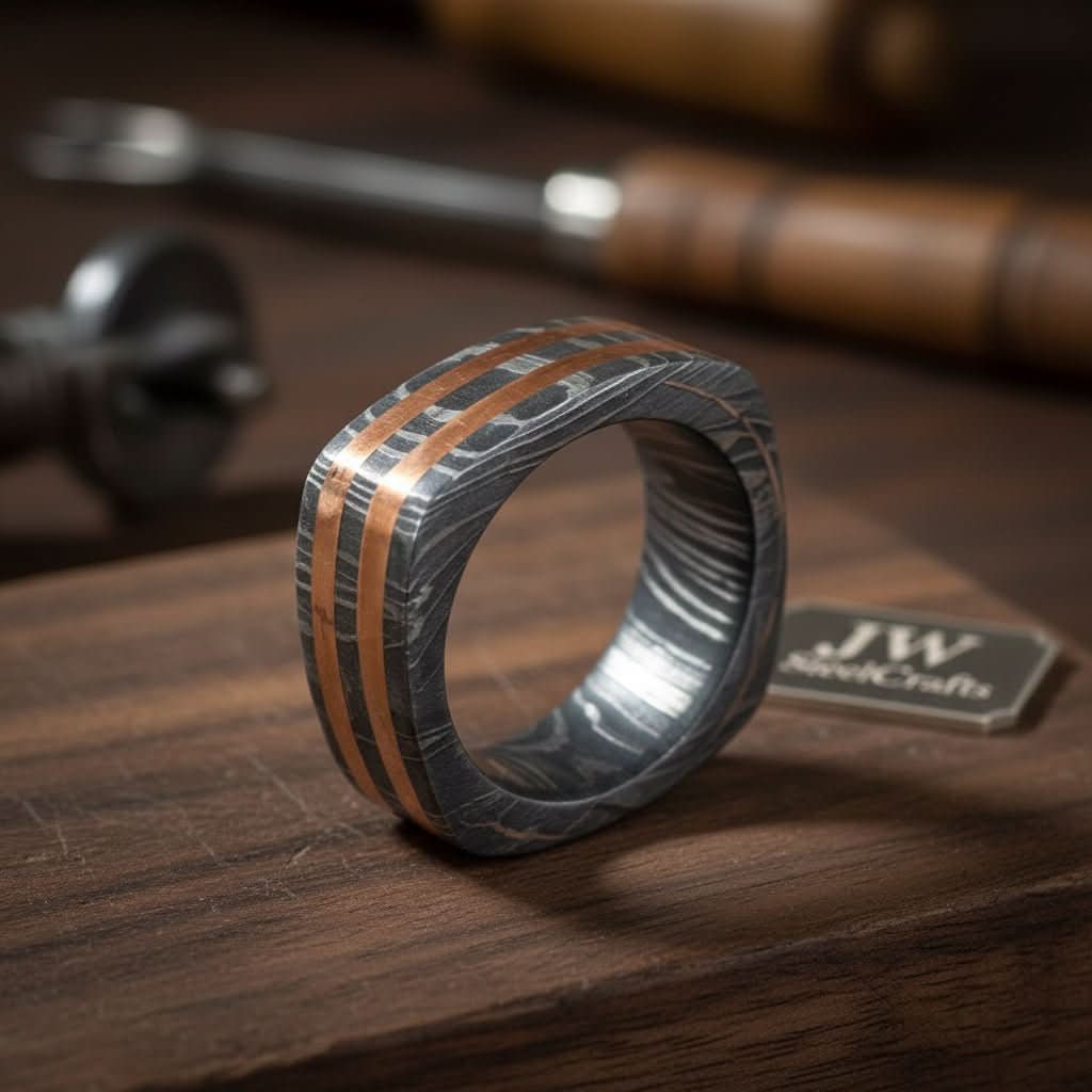 Damascus Steel Wedding Ring Double Copper Inlay Handmade Band by JW SteelCrafts, handmade jewelry main product photo