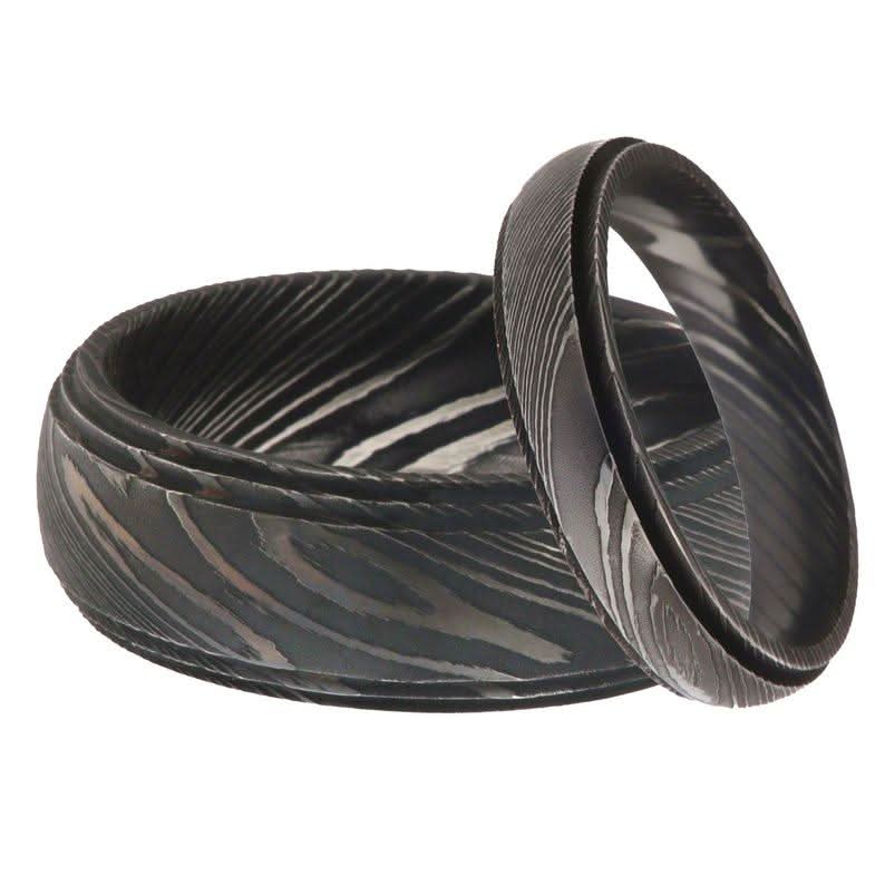 Damascus Steel Wedding Ring Set for Couples Black Pattern Wedding Bands by JW SteelCrafts, handmade jewelry main product photo
