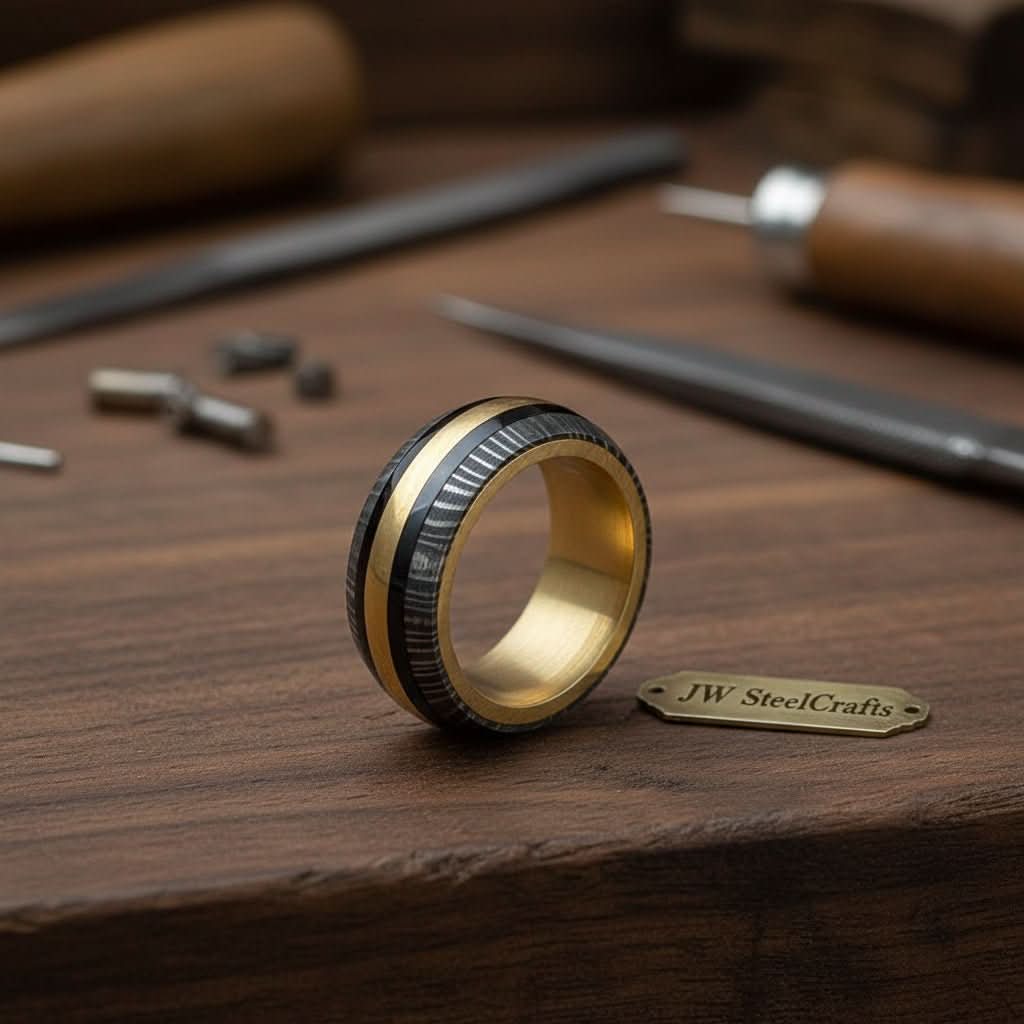 Damascus Steel Wedding Ring Twisted Pattern with Brass Inlay Band by JW SteelCrafts, handmade jewelry detail photo 2