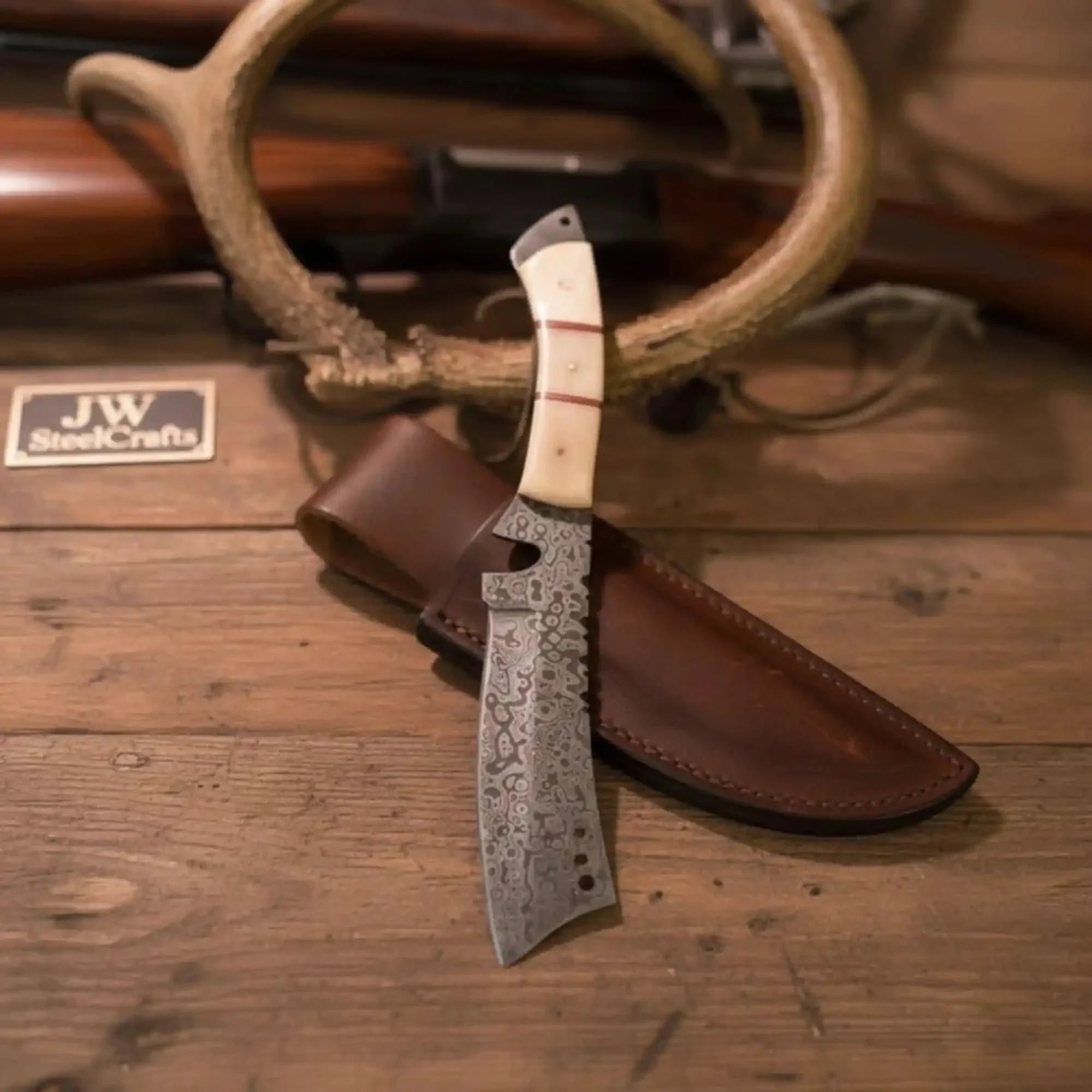 Damascus Tanto Trailing Point Hunting Knife Bone Handle 12 Inch Handmade Leather Sheath by JW SteelCrafts, leather knife sheath main product photo