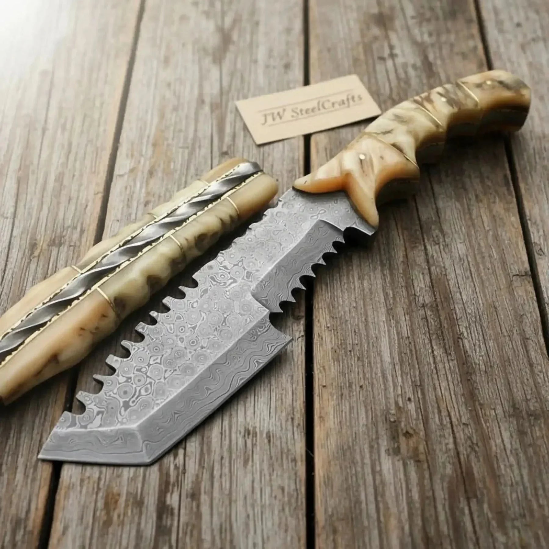 Damascus Tom Brown Tracker Knife with Ram Horn Handle - Full Tang by JW SteelCrafts