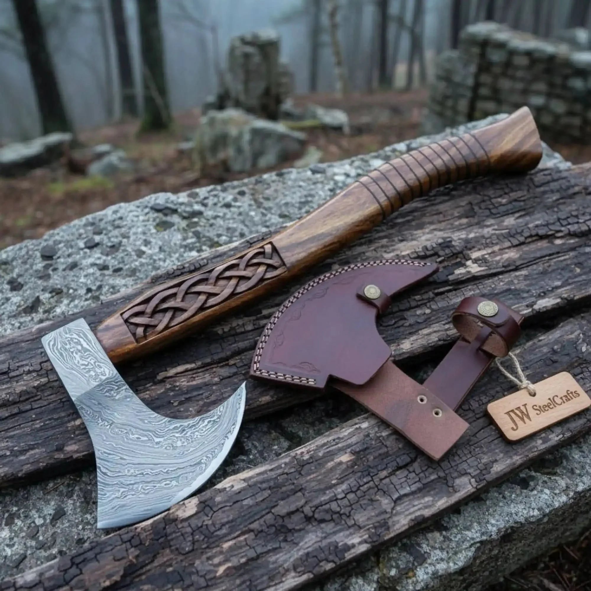 Handmade Damascus Steel Tomahawk Axe by JW SteelCrafts, Southern lifestyle apparel main product photo
