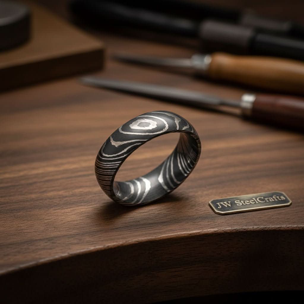 Mens Damascus Steel Wedding Band Raindrop Pattern Handmade Ring by JW SteelCrafts, handmade jewelry main product photo