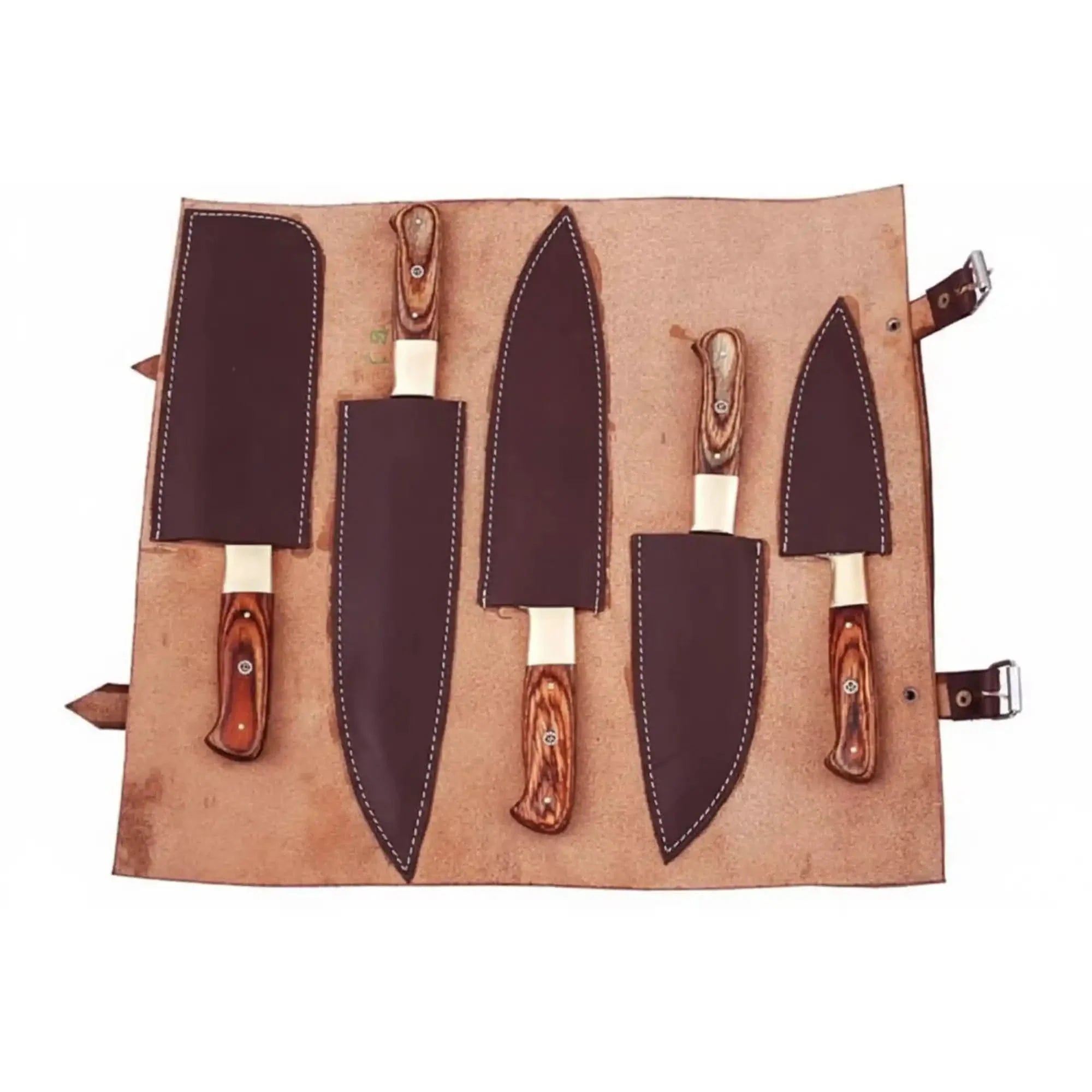 Handmade Damascus Kitchen Knife Set with Pakka Wood Handles and Leather Roll, Full Tang Chef Santoku Cleaver Utility and Paring Knives, Professional C by JW SteelCrafts, Damascus