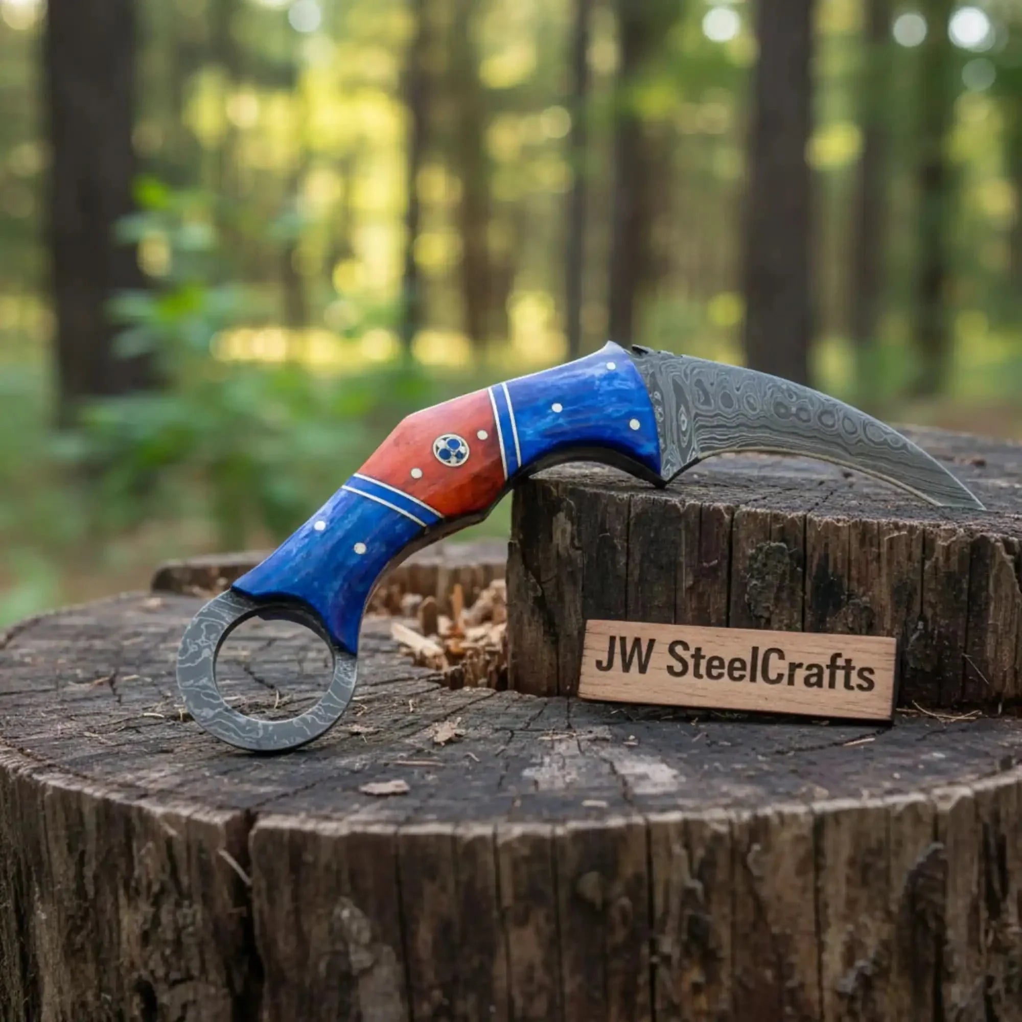 Damascus Karambit Knife with Blue Wood Handle, Finger Ring, and Sheath by JW SteelCrafts, leather knife sheath detail photo 2