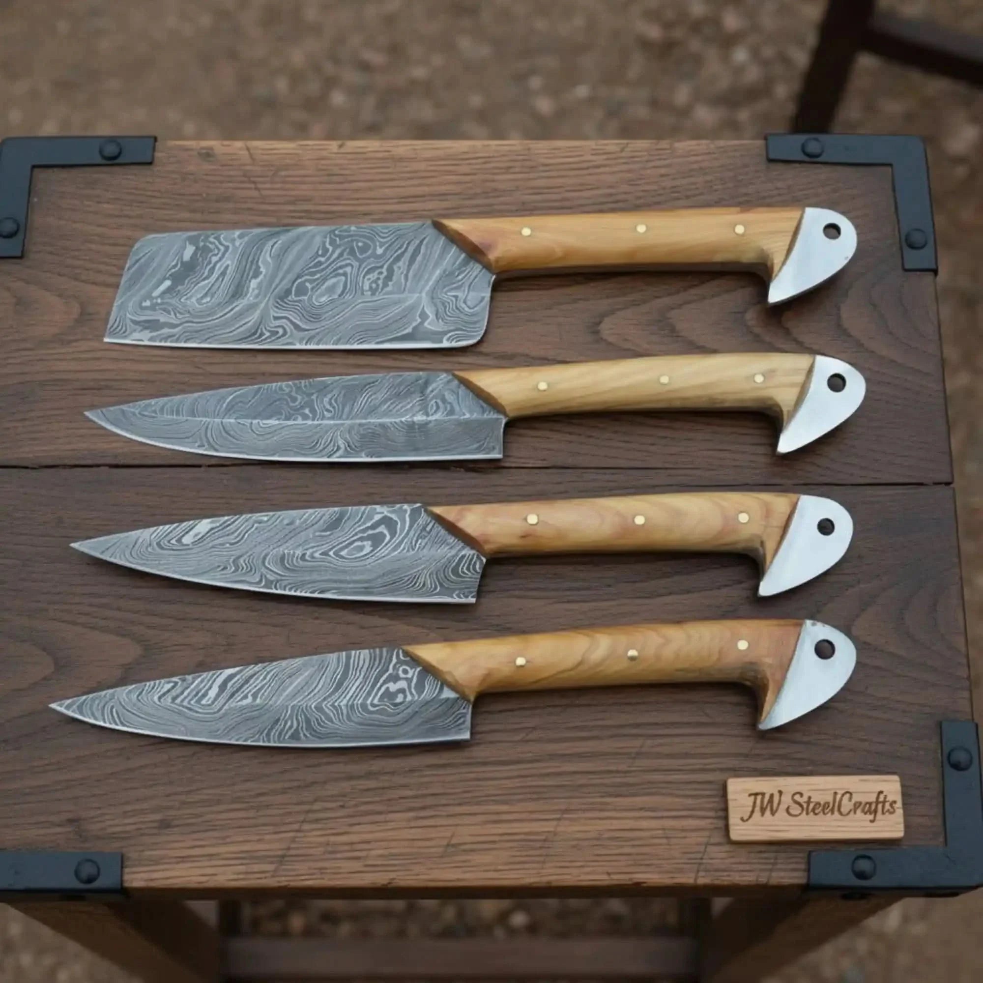 Damascus Kitchen Knife Set of 4 - Hand-Forged Full Tang Blades by JW SteelCrafts