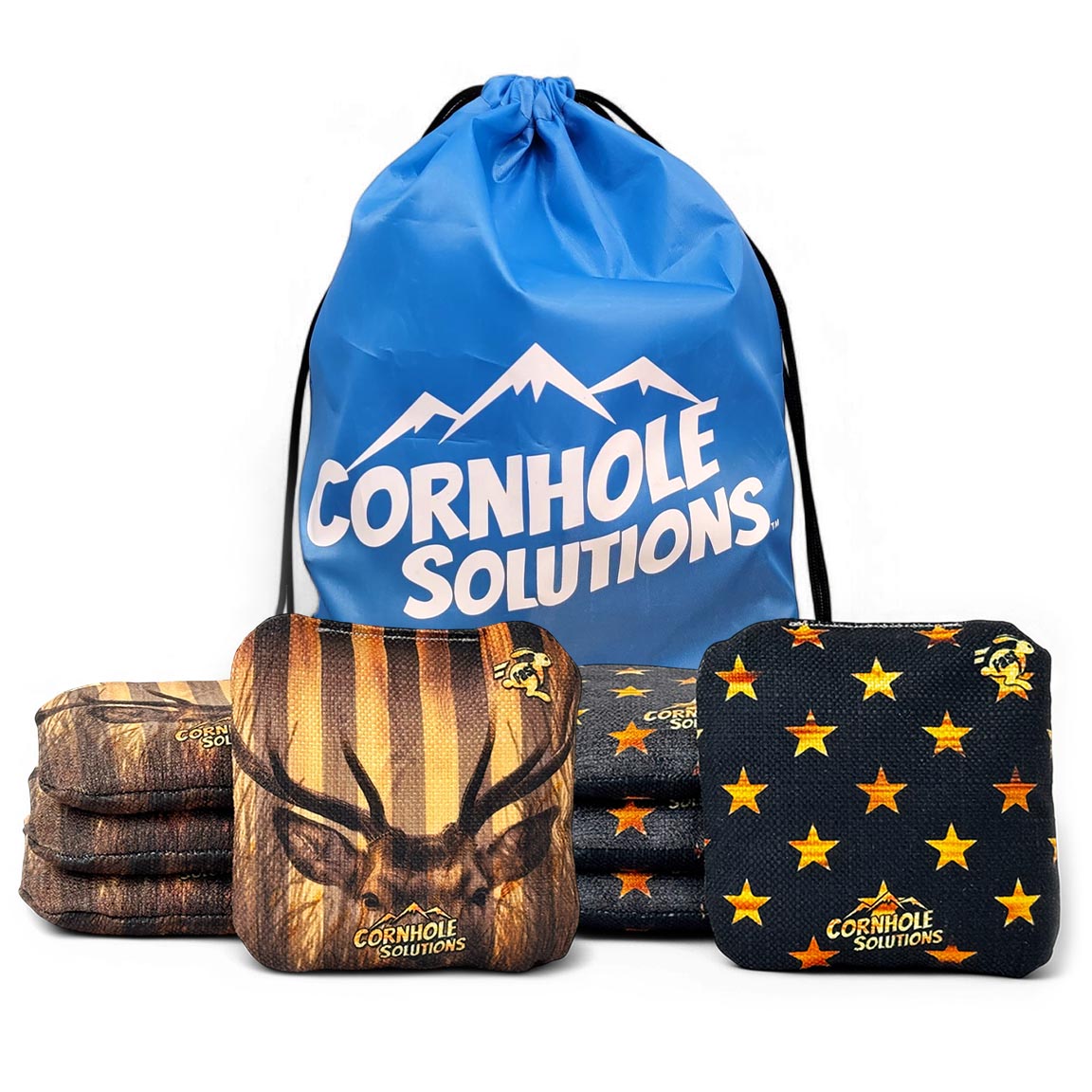 Hidden Deer/Rustic Stars - Pro Style REC Cornhole Bags – Regulation 6"x6" – Full Set of 8 by Cornhole Solutions, custom cornhole board main product photo