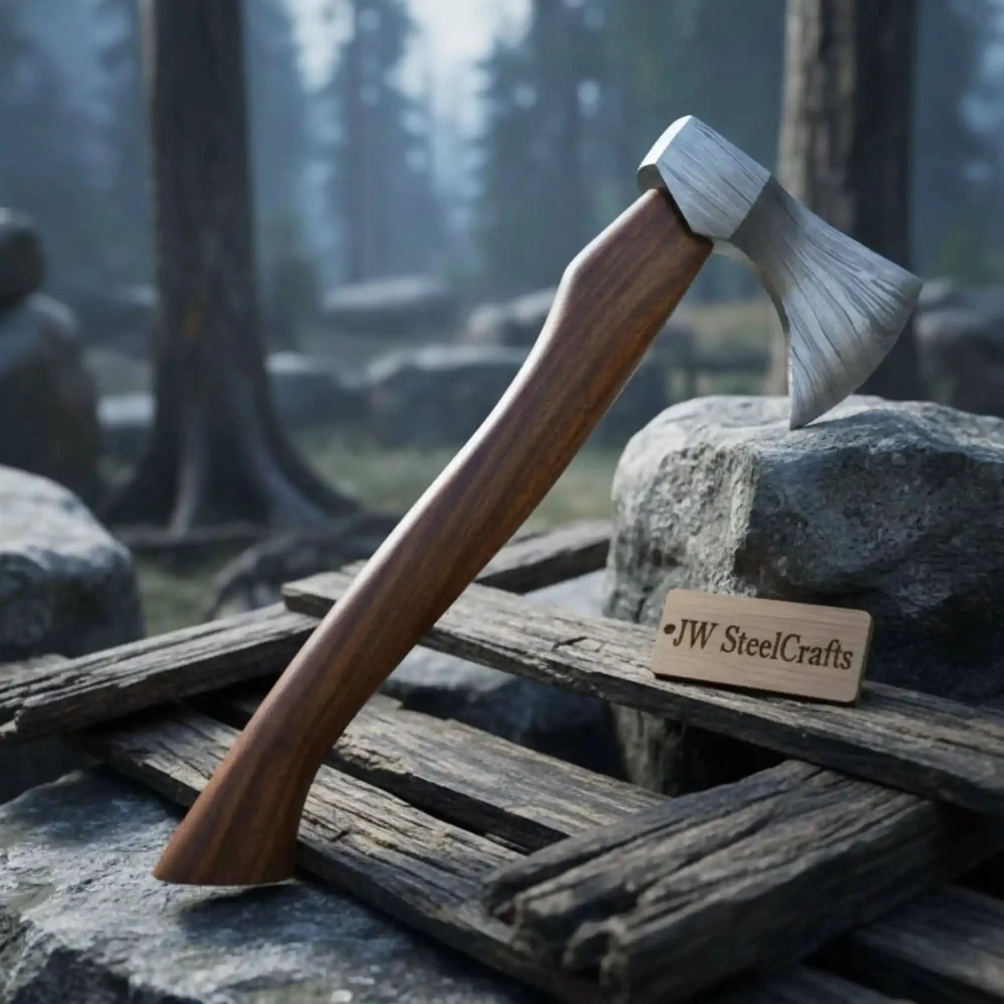 Compact Damascus Steel Camping Axe with Hardwood Handle & Leather Sheath by JW SteelCrafts, leather knife sheath detail photo 2