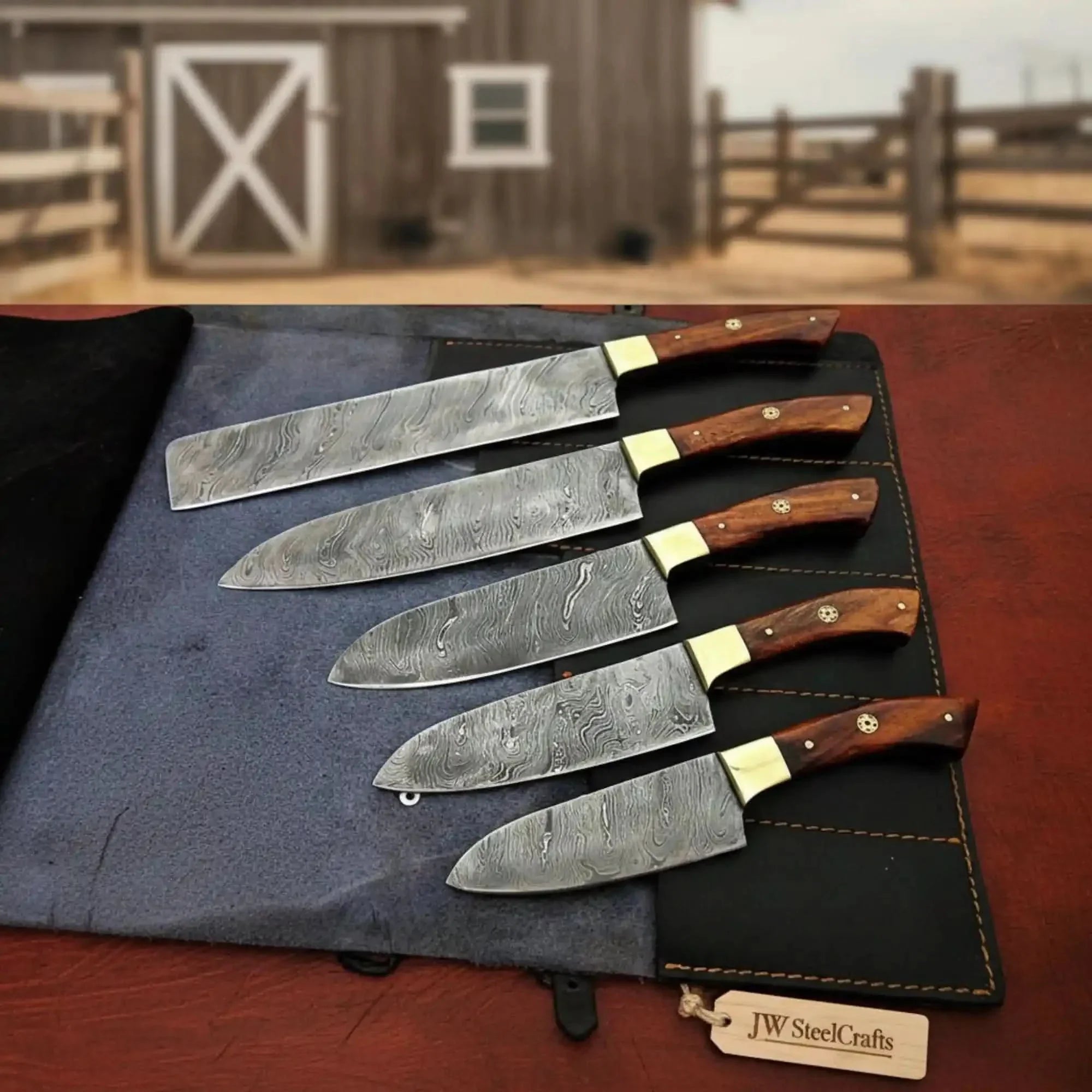 JW SteelCrafts 5 Piece Damascus Kitchen Knife Set Chef Santoku Utility and Paring Knives Pakka Wood Handle with Leather Knife Roll Professional Cookin by JW SteelCrafts, Damascus