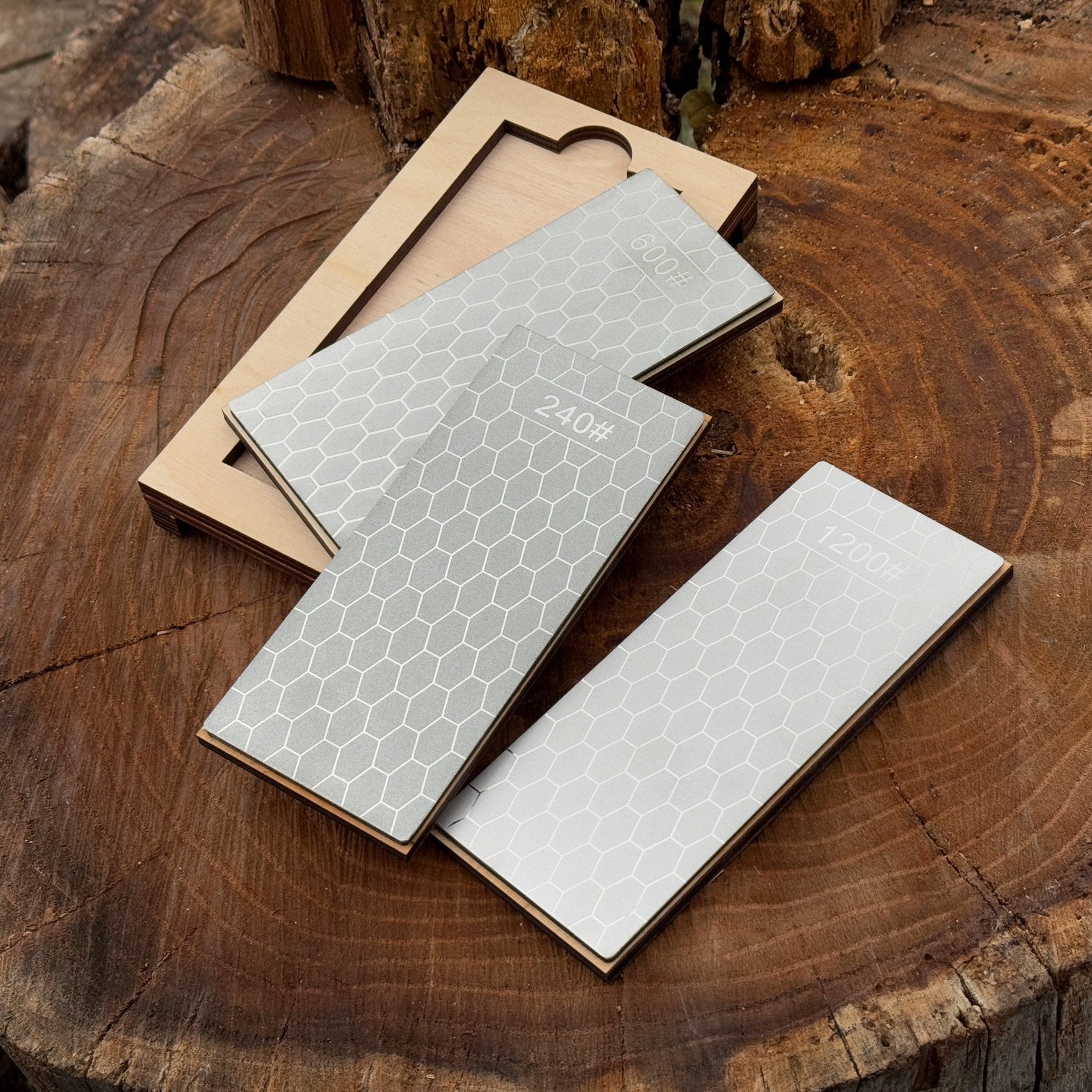 Diamond Sharpening Stone Set with Wooden Stand – 240 / 600 / 1200 Grit