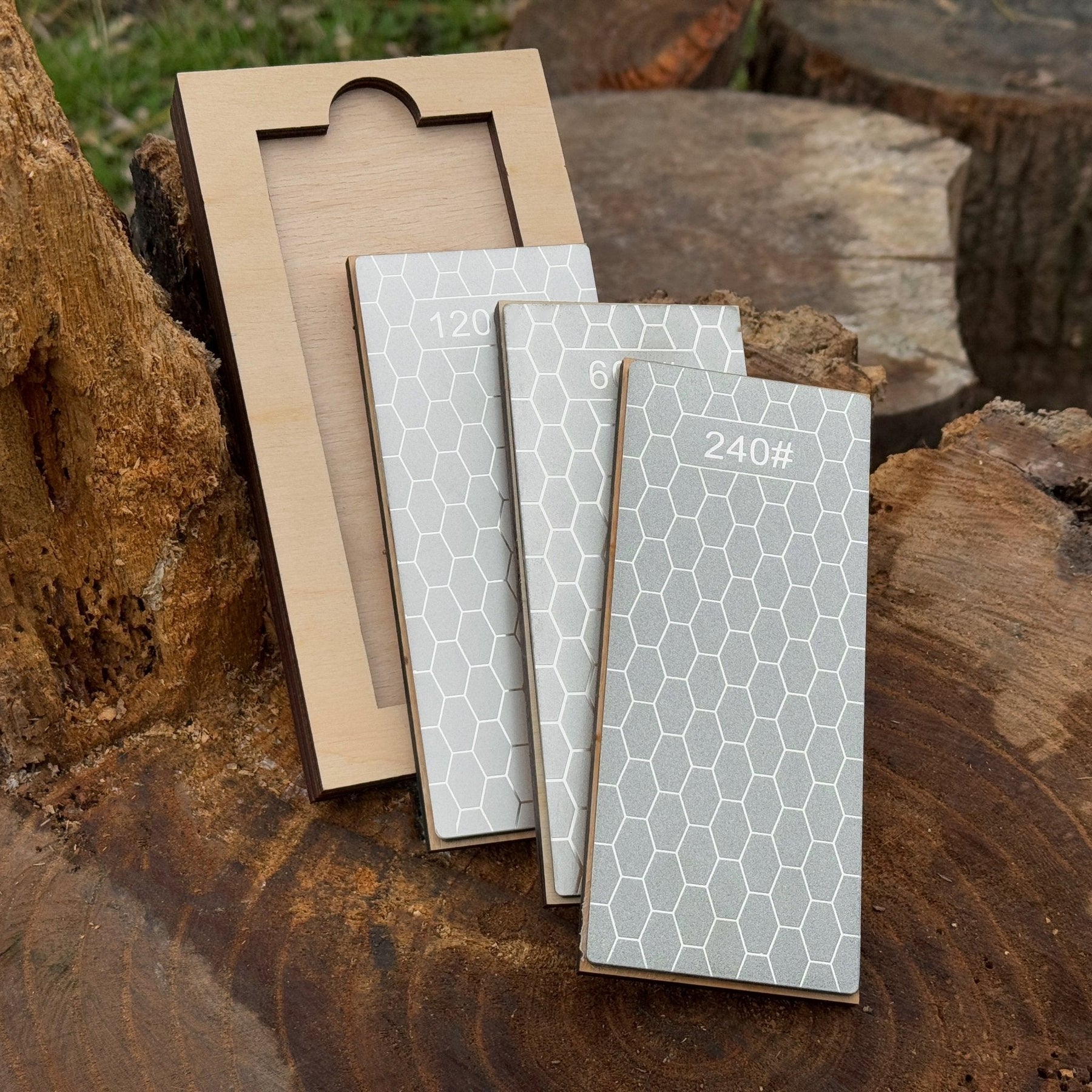 Diamond Sharpening Stone Set with Wooden Stand – 240 / 600 / 1200 Grit