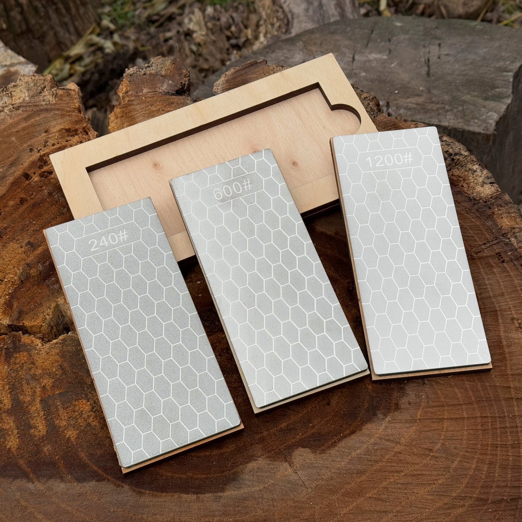 Diamond Sharpening Stone Set with Wooden Stand – 240 / 600 / 1200 Grit