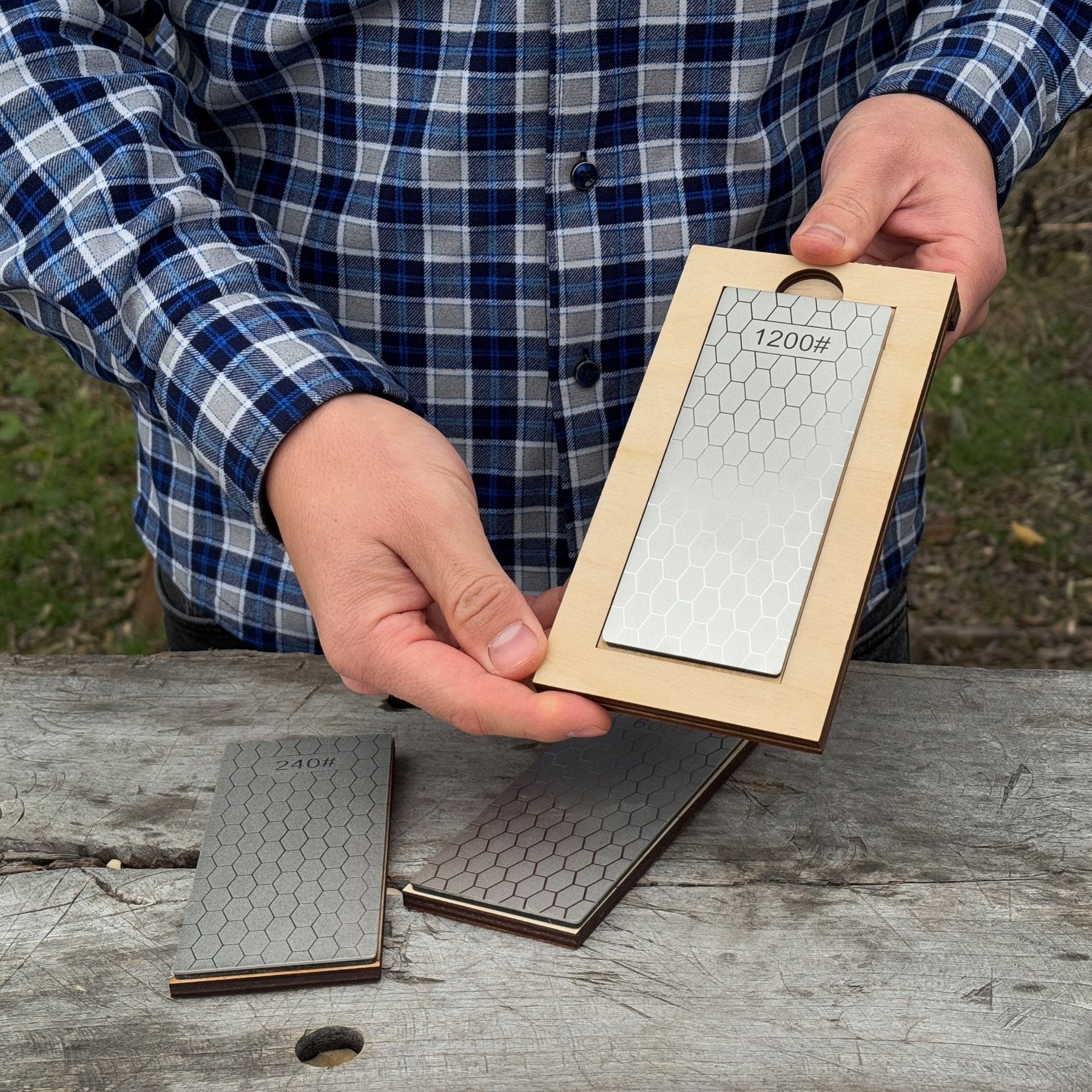Diamond Sharpening Stone Set with Wooden Stand – 240 / 600 / 1200 Grit