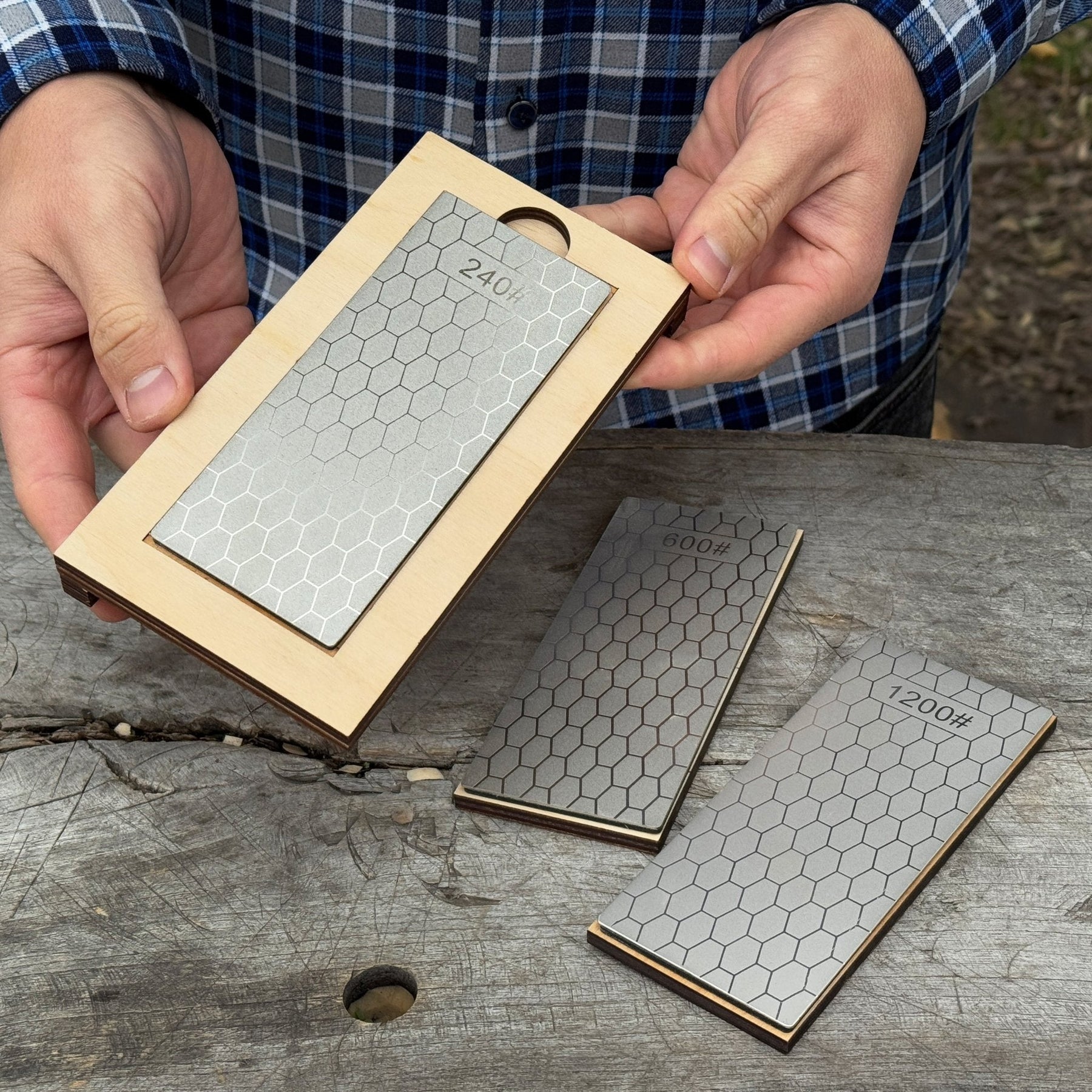 Diamond Sharpening Stone Set with Wooden Stand – 240 / 600 / 1200 Grit