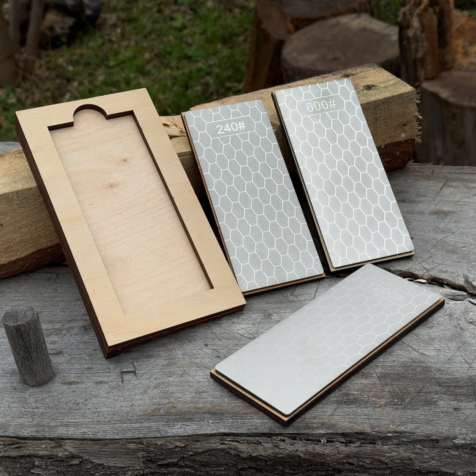 Diamond Sharpening Stone Set with Wooden Stand – 240 / 600 / 1200 Grit