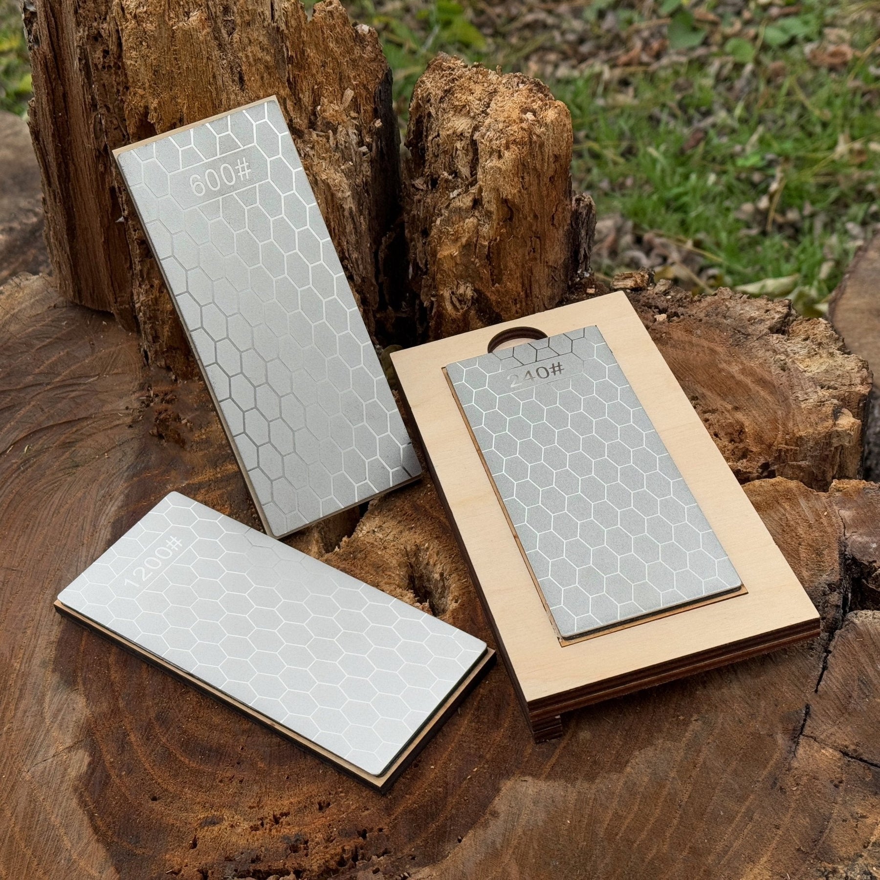 Diamond Sharpening Stone Set with Wooden Stand – 240 / 600 / 1200 Grit
