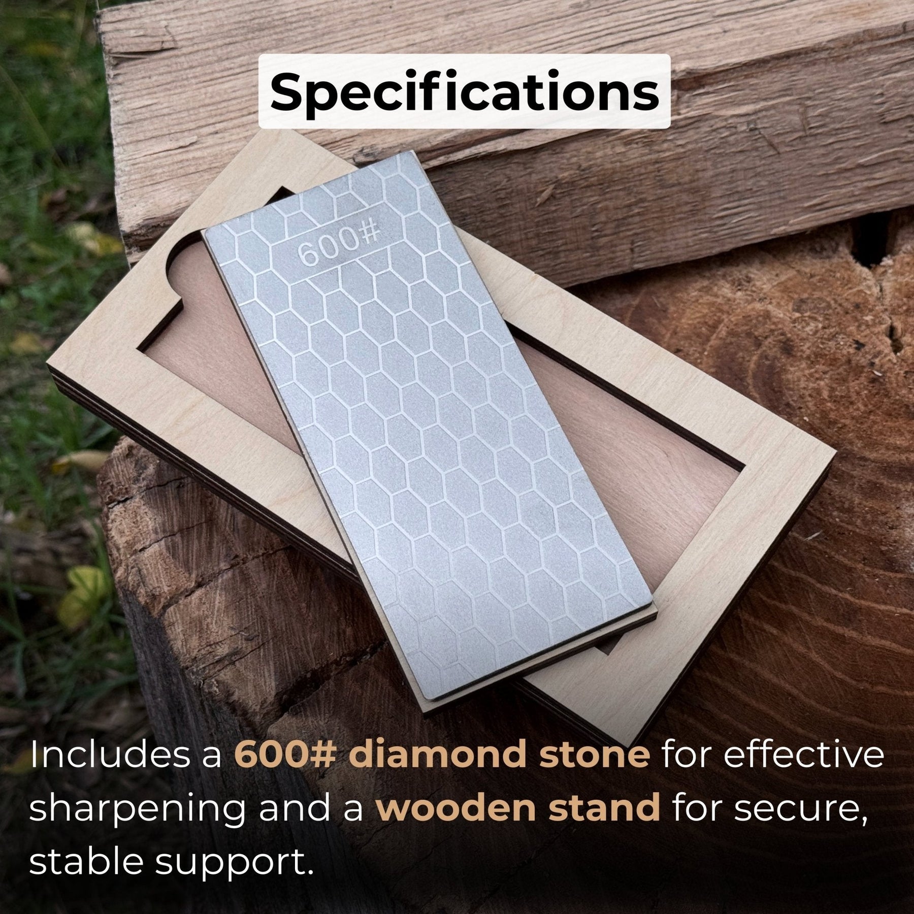 Diamond Sharpening Stone with Wooden Stand – 600 Grit for Knives & Tools