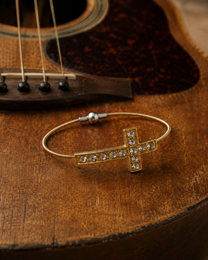 Gold Rhinestone Cross Guitar String Bracelet