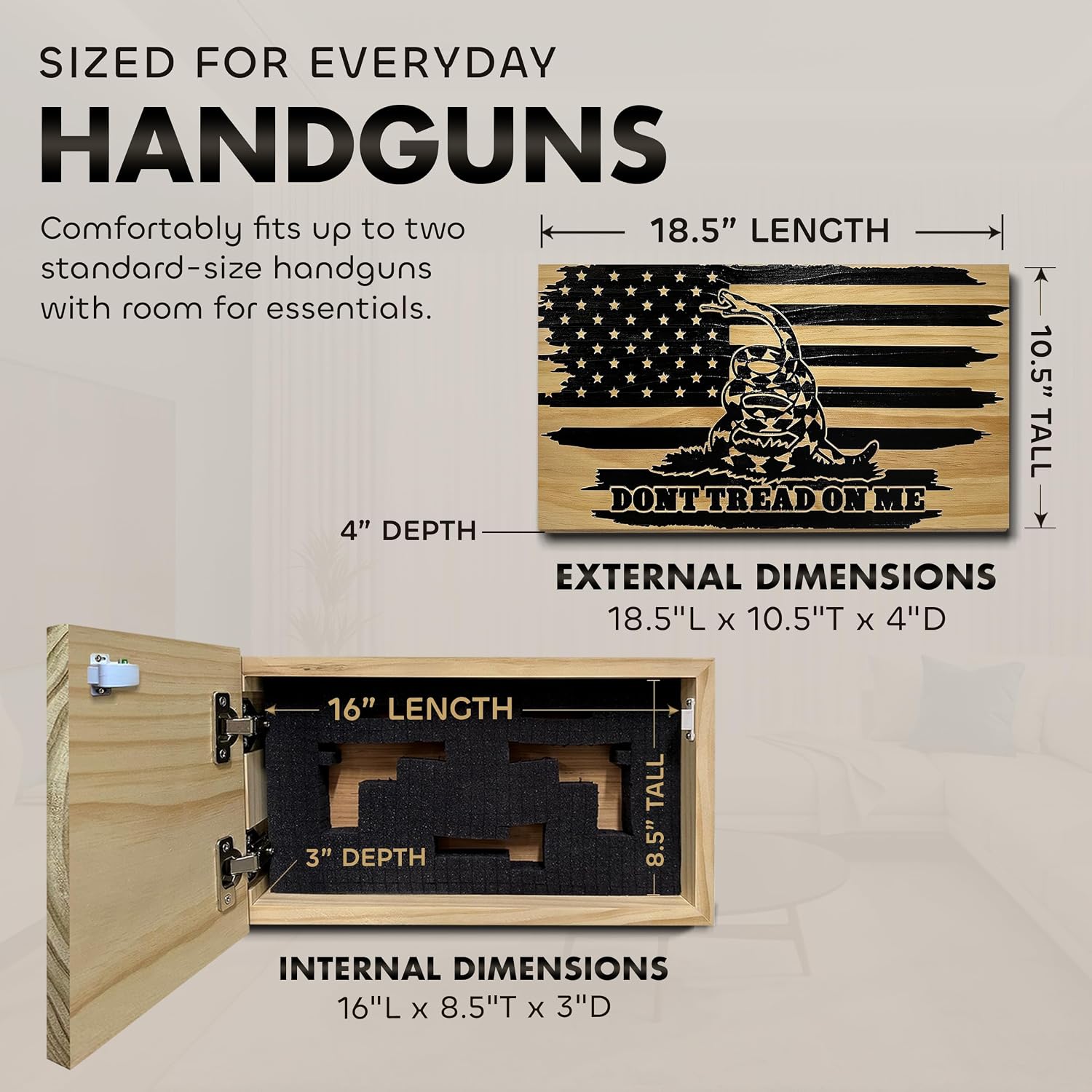 Dont Tread on Me Concealment Shelf - Quick Access Patriotic Hidden Gun Storage with Magnetic Lock - Safe & Secure Gun Concealment Furniture (Distressed)