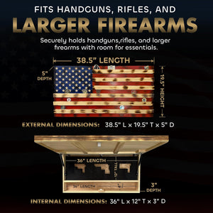 American Flag Challenge Coin Display and Hidden Gun Cabinet, Military Coin Holder Holds 100 Coins and is Ready to Hang, Large US Flag Patriotic Art 38.5" x 19.5"