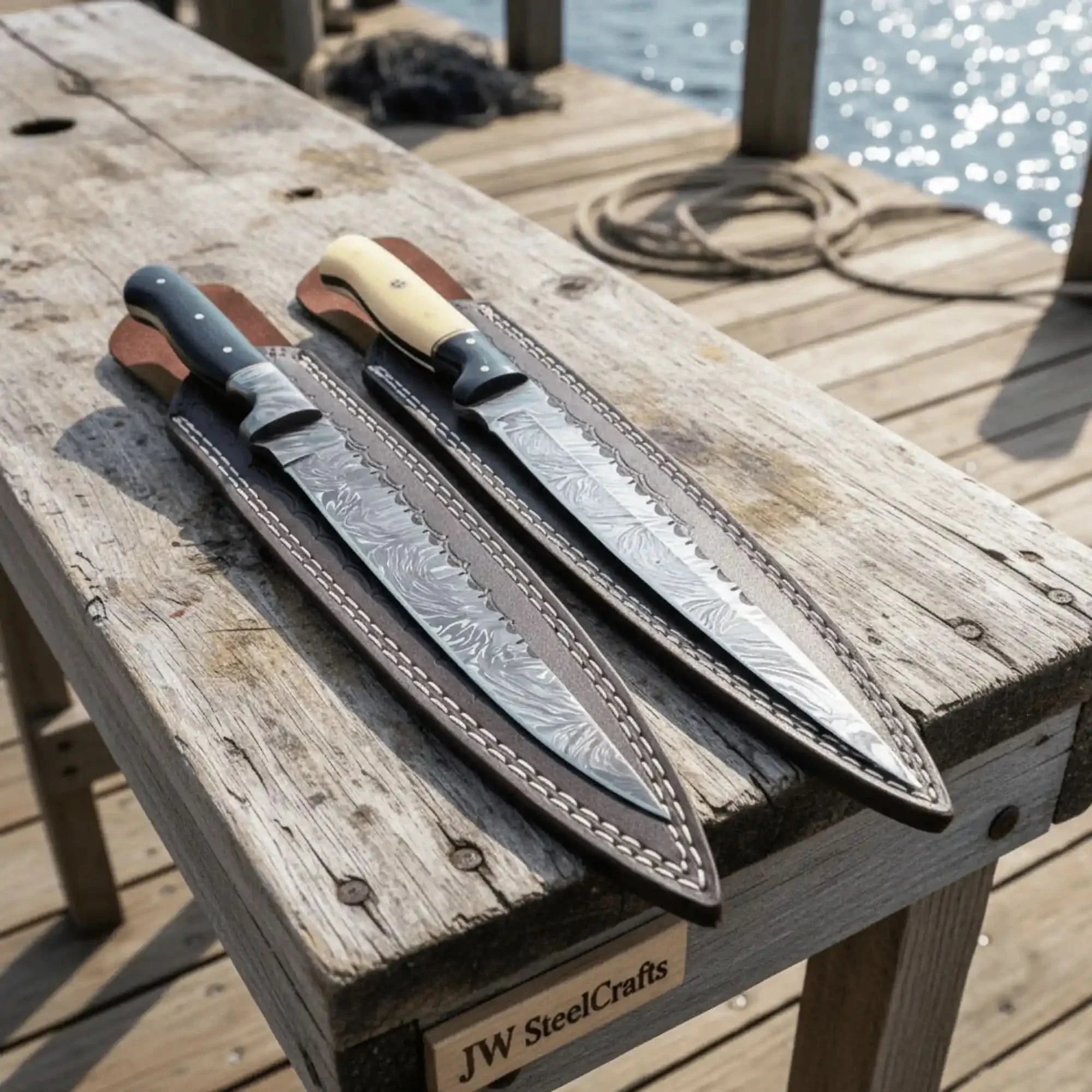 12-Inch Damascus Steel Fillet Knife Set of 2 with Resin Handles & Leather Sheaths by JW SteelCrafts, leather knife sheath main product photo