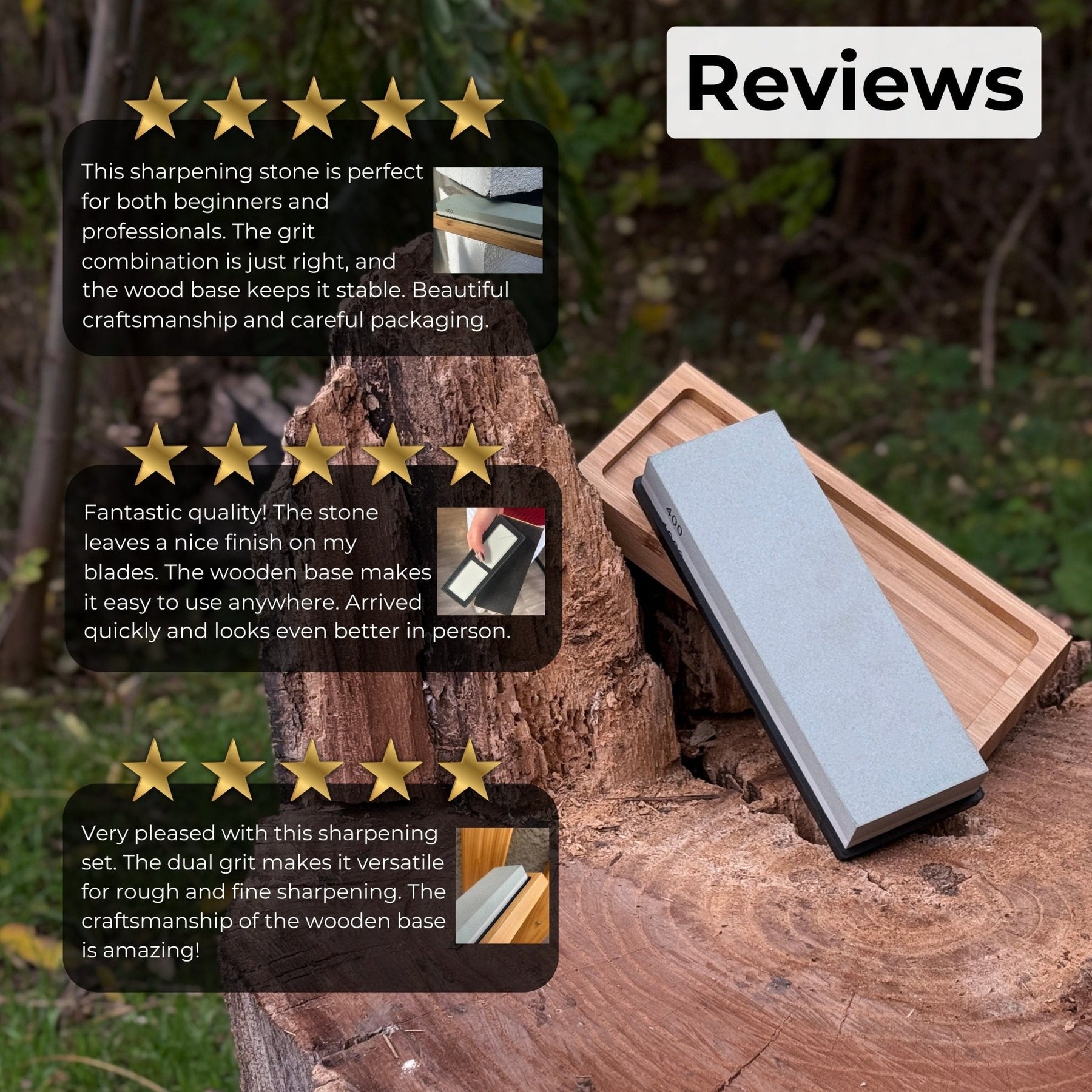 Double-Sided Sharpening Stone with Optional Wooden Stand – Grit #400 / #1000