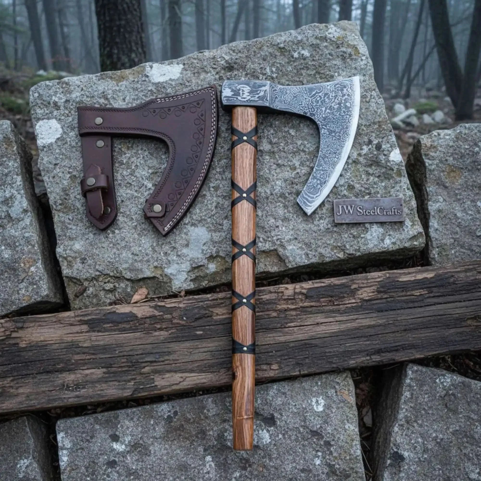 Handmade Damascus Skeggøx Bearded Axe with Leather Wrap and Sheath by JW SteelCrafts, leather knife sheath detail photo 2