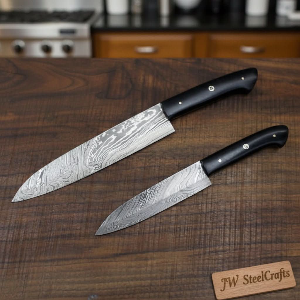 Handmade Japanese Damascus Knife Set, Chef Gyuto and Petty Utility Knives, Black Handle by JW SteelCrafts, Damascus knife main product photo