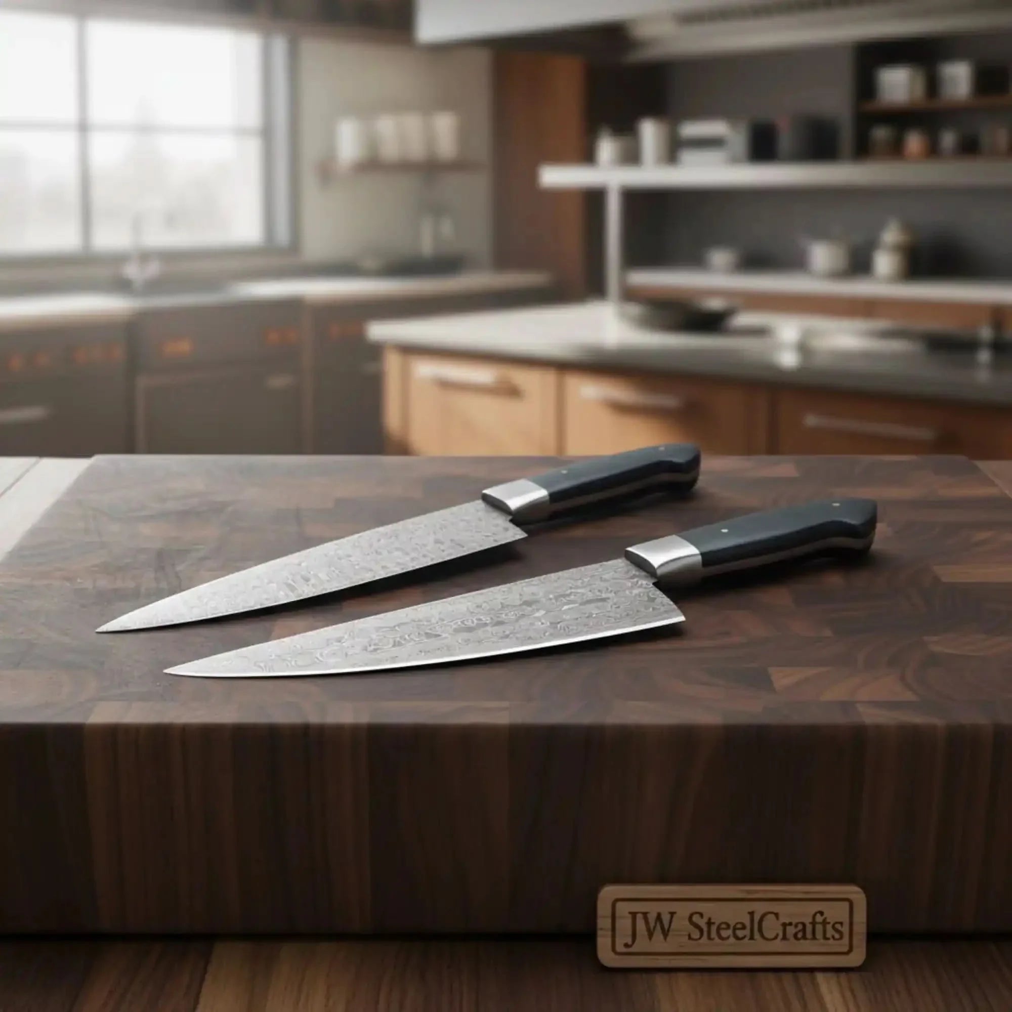 2-Piece Hand-Forged Chef Knife with Pattern-Welded Damascus with Black Micarta Handles (Professional Set) by JW SteelCrafts, Damascus knife detail photo 2