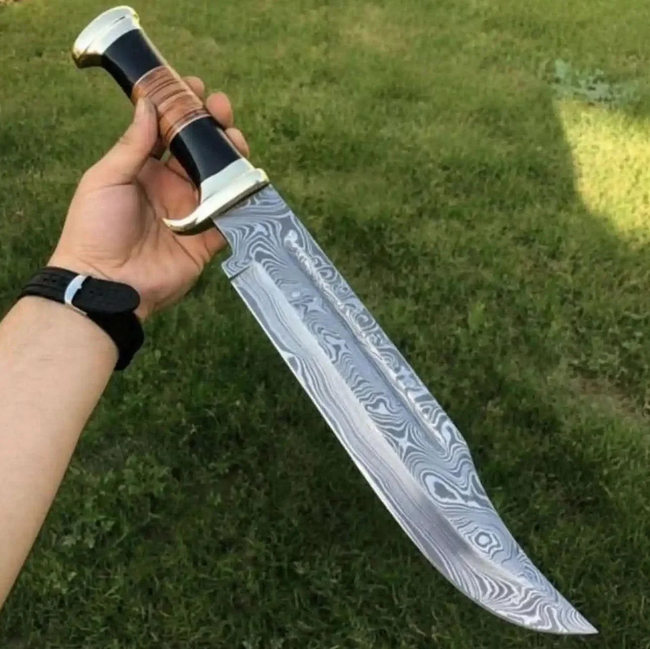 Dundee Clip Point Bowie Knife – Handmade 17 Inch Frontier Blade, Damascus or High Polish Steel | JW SteelCrafts by JW SteelCrafts, Damascus knife main product photo