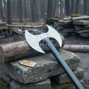 Custom Handmade Double-Headed Viking Axe with Nordic Knotwork Engravings and Cord-Wrapped Handle