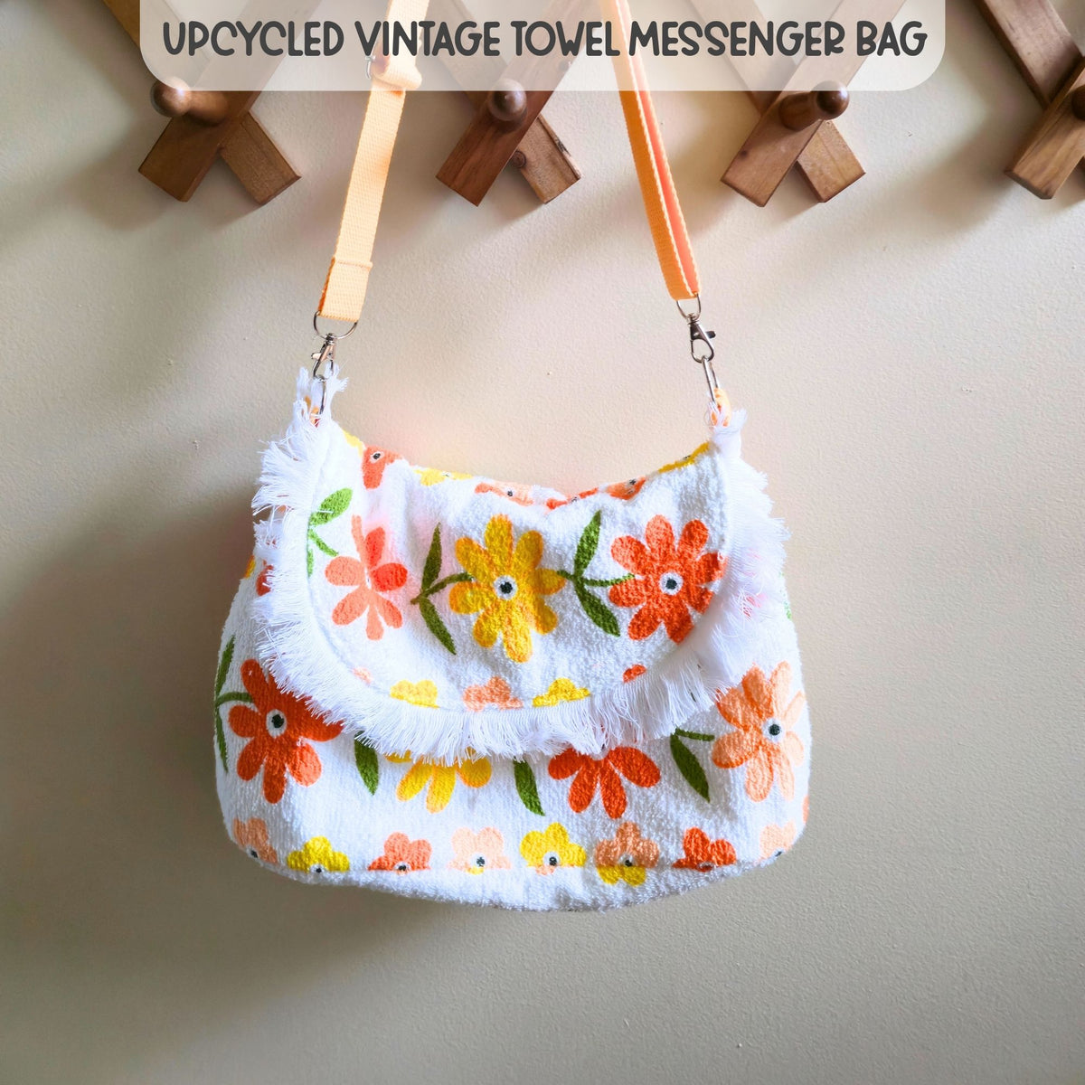 Upcycled Vintage Towel Crossbody Bag, Floral Messenger Bag, Adjustable Strap